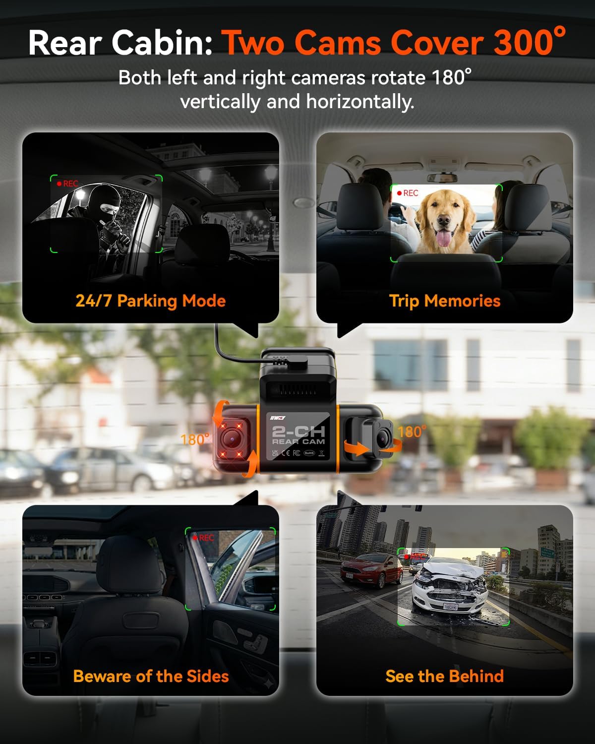 Detalle 2 de IIWEY N9 5-Channel Dash Cam with 360° View: 5.8G WiFi-6, 128GB Included, Night Vision & GPS