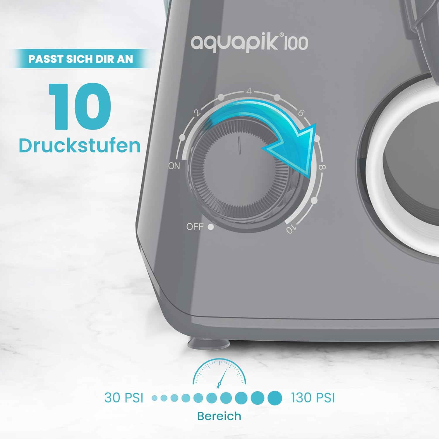 Detalle de Aquapik 100 professionelle Munddusche mit 600-ml-Wassertank, 10 Druckstufen und 8 Aufsätzen, Grau