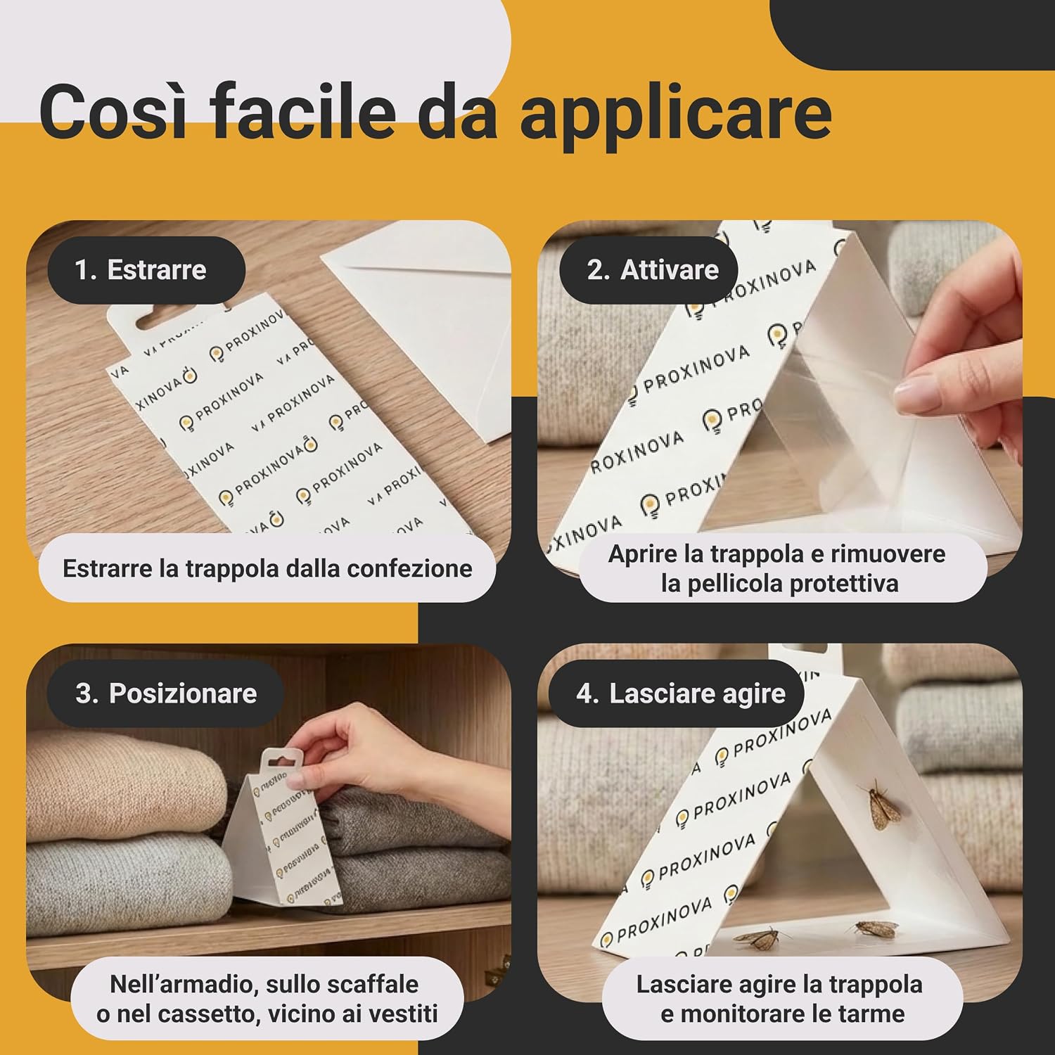 Detalle de Proxinova Antitarme per Armadi Vestiti – Trappole Adesive per Monitoraggio Discreto (8 fogli, 3 mesi) – Biocide Free