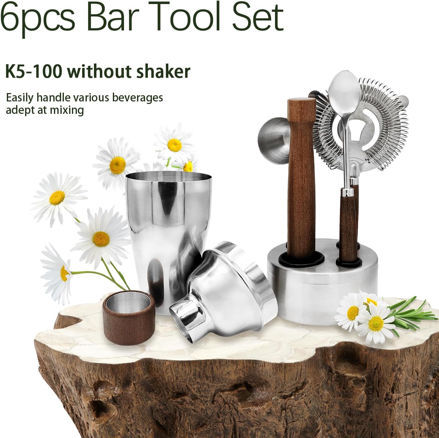 Detalle de WELESHEI 6-teiliges Barwerkzeug-Set aus Edelstahl – Shaker, Stößel, Löffel, Jigger, Sieb und Ständer