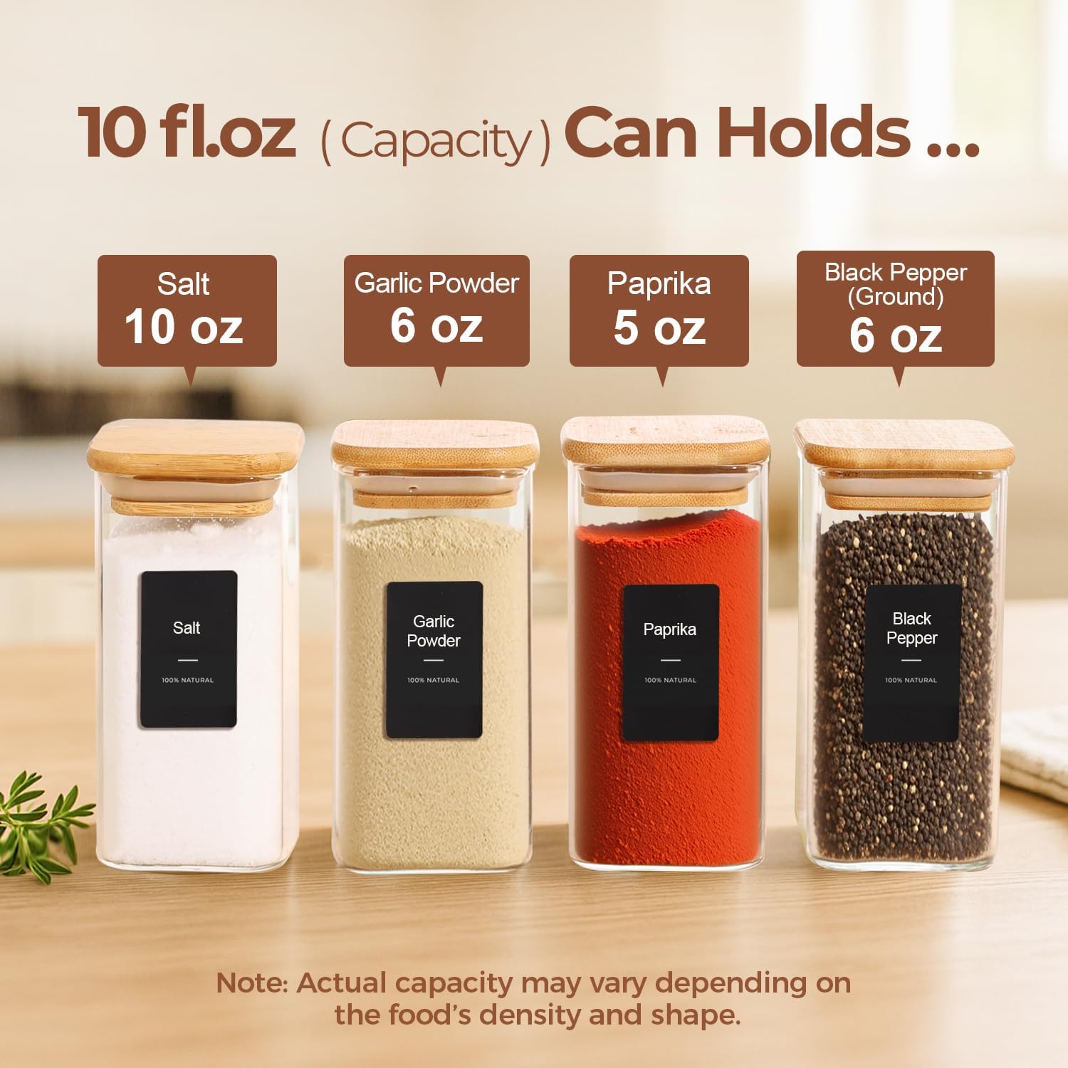 Thumbnail 1 de ComSaf Glass Spice Jars with Labels (10 oz) – 12 Pack with Large Square Bamboo Lids