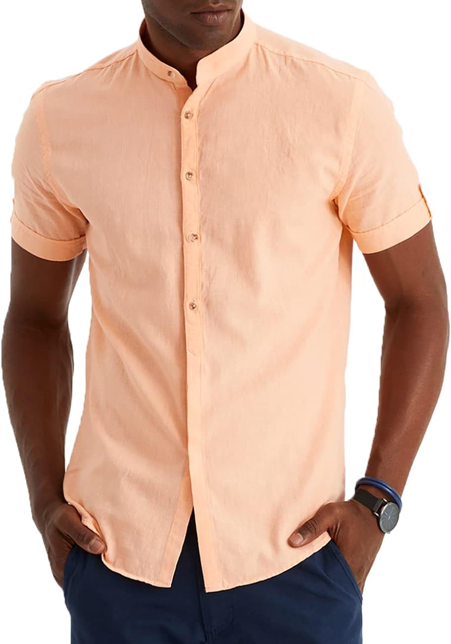 Detalle de Leif Nelson Chemise d'été en lin pour homme – Manches courtes, Henley, mélange lin et coton 30/70, coupe droite