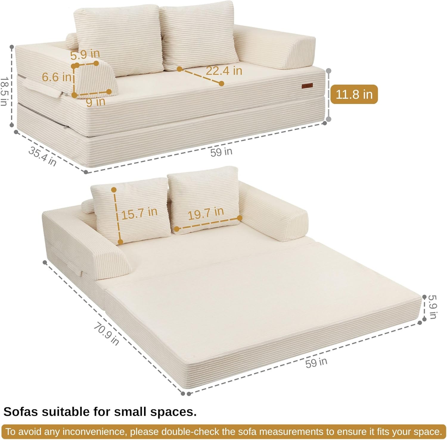 Detalle 2 de COMAX Convertible Sofa Bed (Corduroy Beige) – Folding Floor Couch Bed Futon Sleeper w/ Pillows