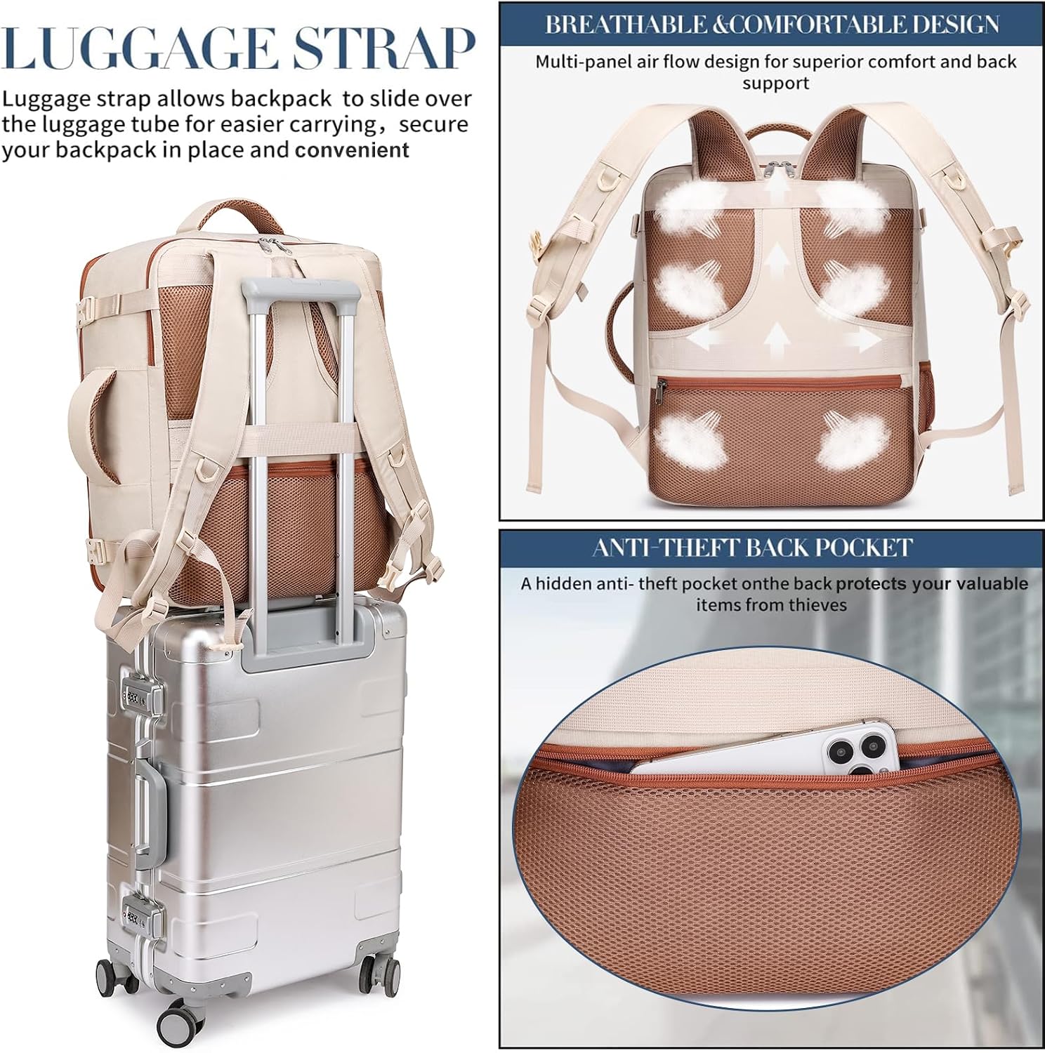 Detalle 2 de ENZOSUM Cabin Bag 45x36x20 (30L) Beige underseat hand luggage backpack for 15.6-inch laptops