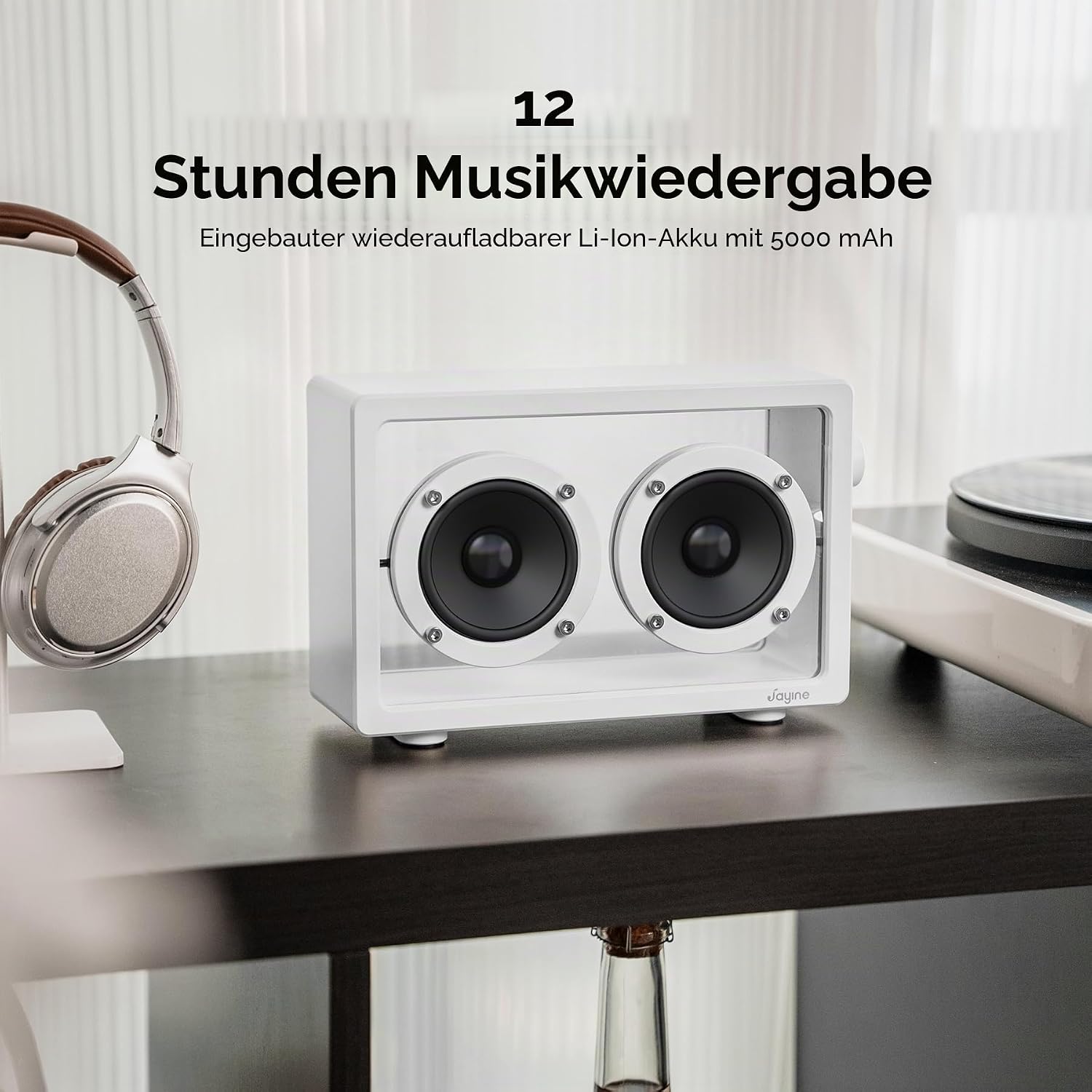 Detalle de JAYINE Tragbarer Bluetooth-Lautsprecher 16 W (Bluetooth 5.3, AUX 3,5 mm) – minimalistisch in Weiß