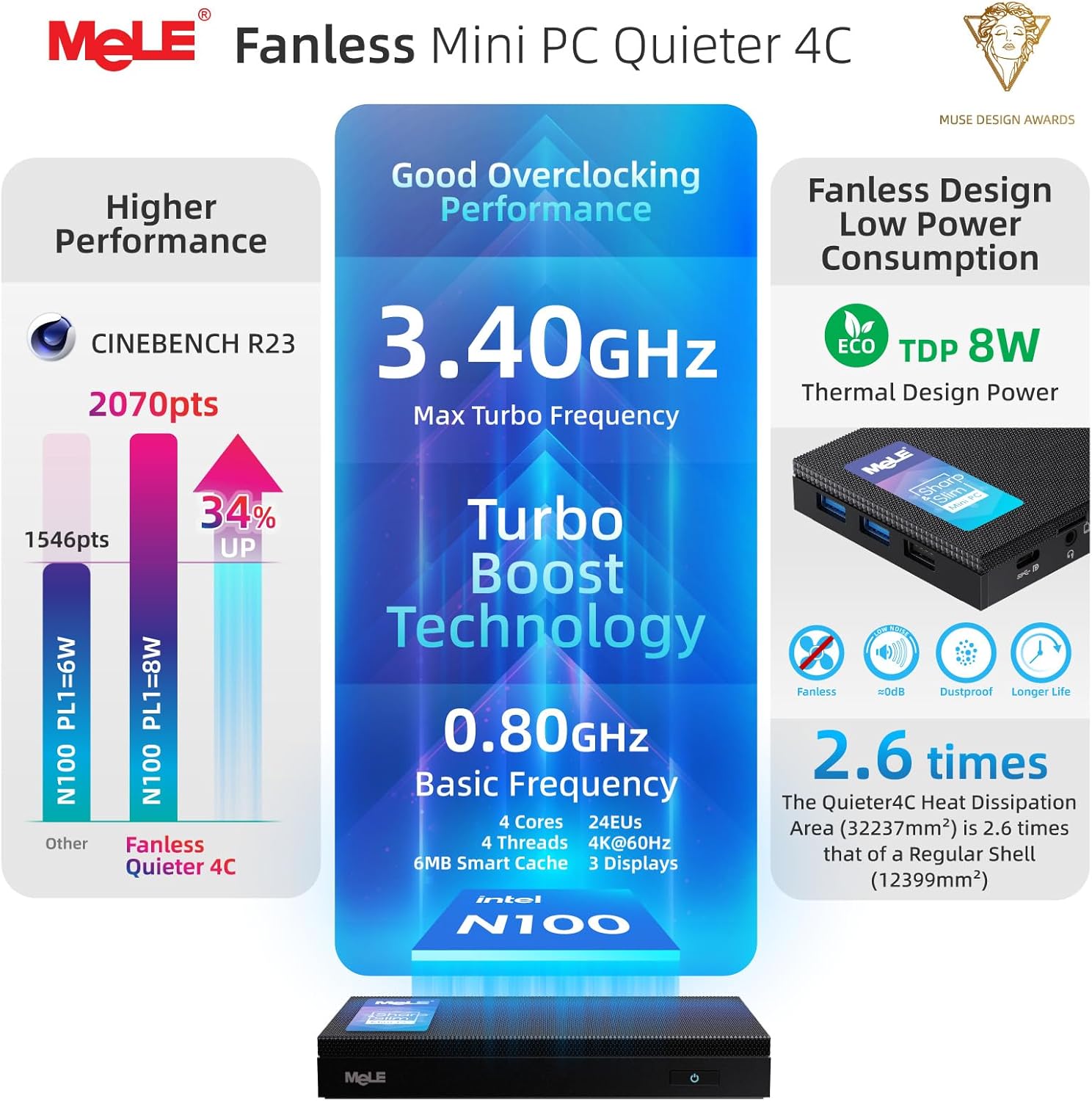 Thumbnail 2 de MeLE Quieter 4C 12th Gen N100 Fanless Mini PC with Windows 11 Pro, 16GB RAM and 512GB SSD