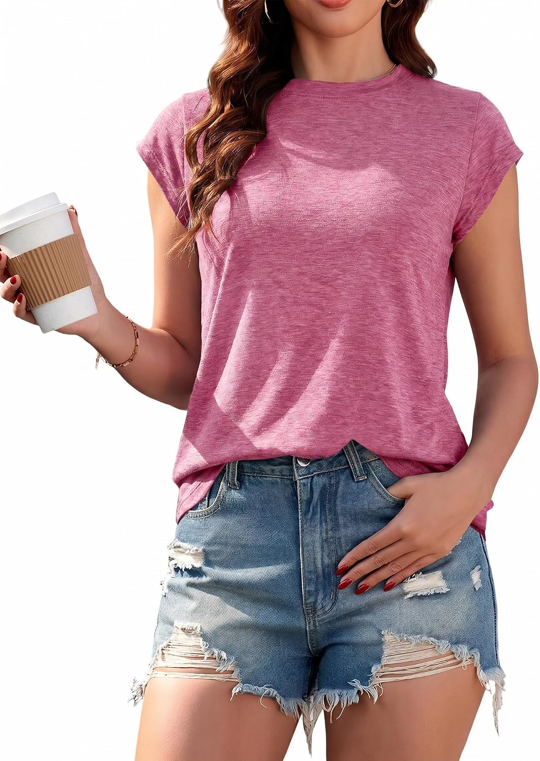 Detalle de SENBATU Damen T-Shirt – Sommerliches Rundhals-Top, elegant-basic & vielseitig