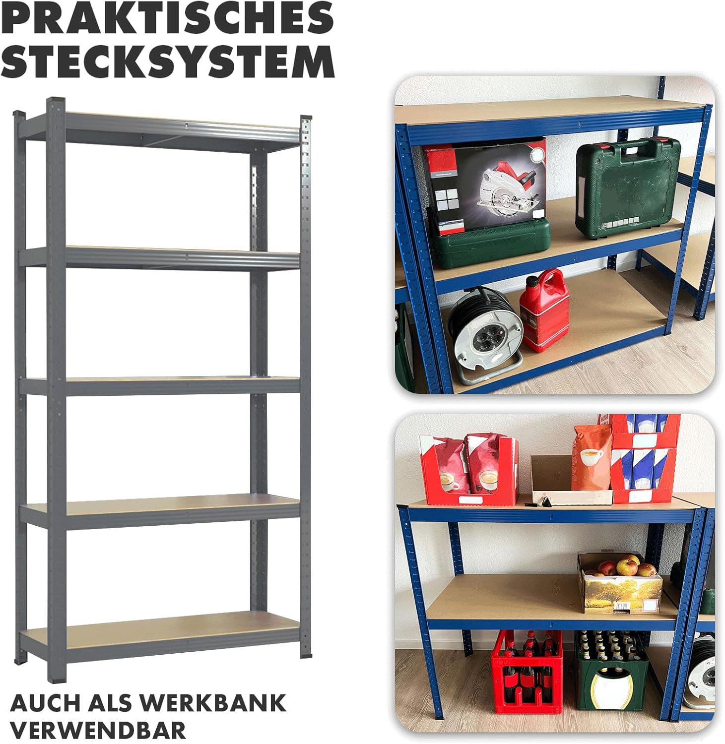 Detalle 2 de KARAT Schwerlastregal 2er Set, Steckregal 60 x 120 x 200 cm – Grau