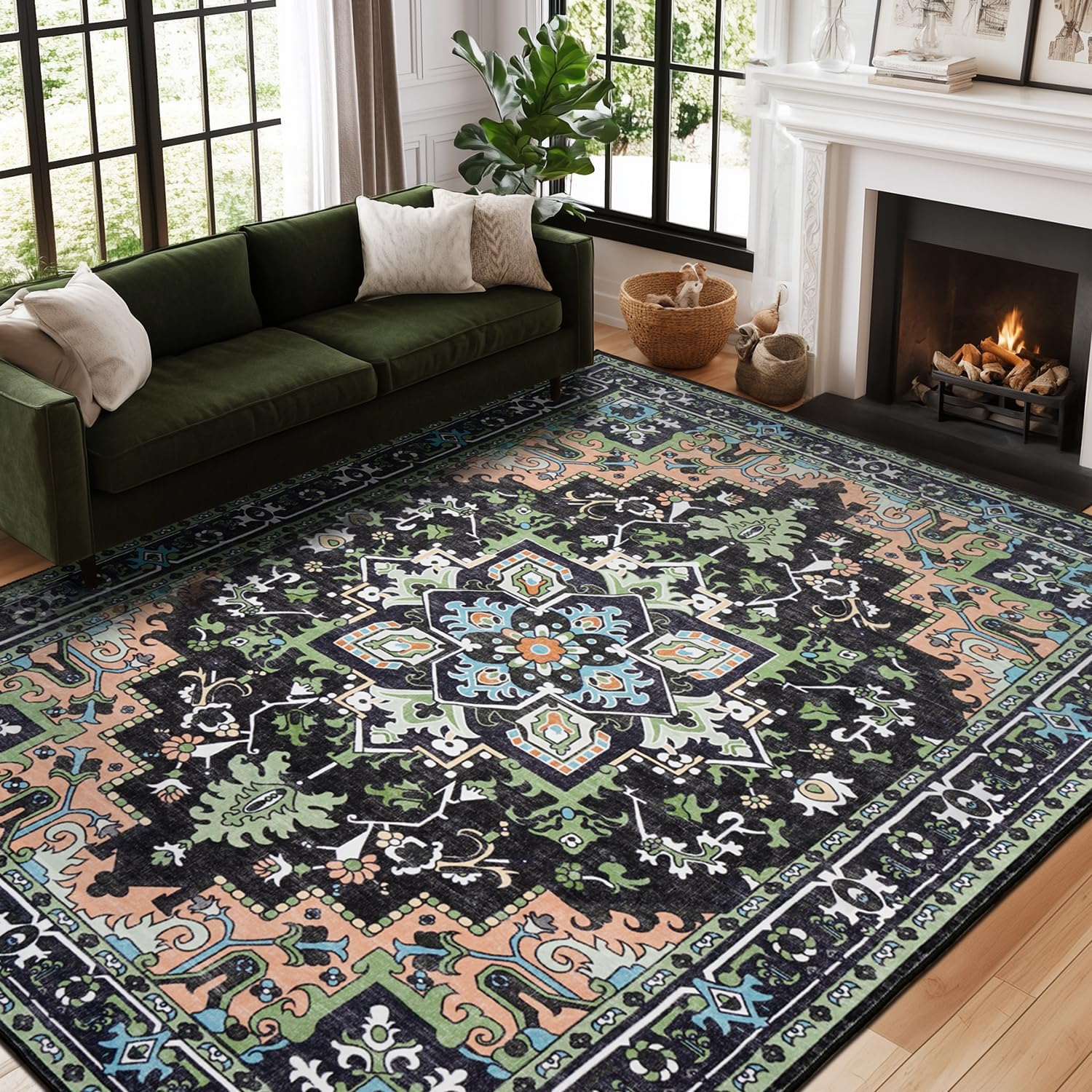 Thumbnail 1 de 5x7 Vintage Floral Washable Area Rug with Non-Slip Backing — Dark Green