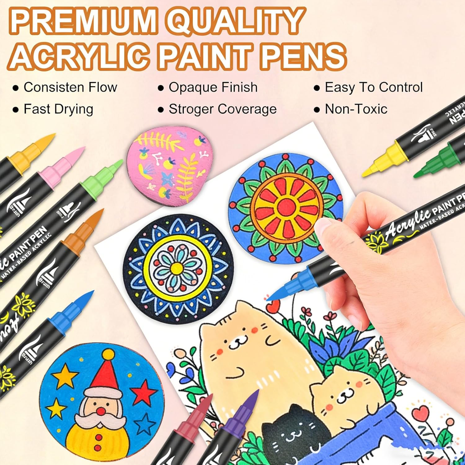 Thumbnail 2 de 60-Colour Dual-Tip Acrylic Paint Pens (Brush & Fine) for rock painting and crafts