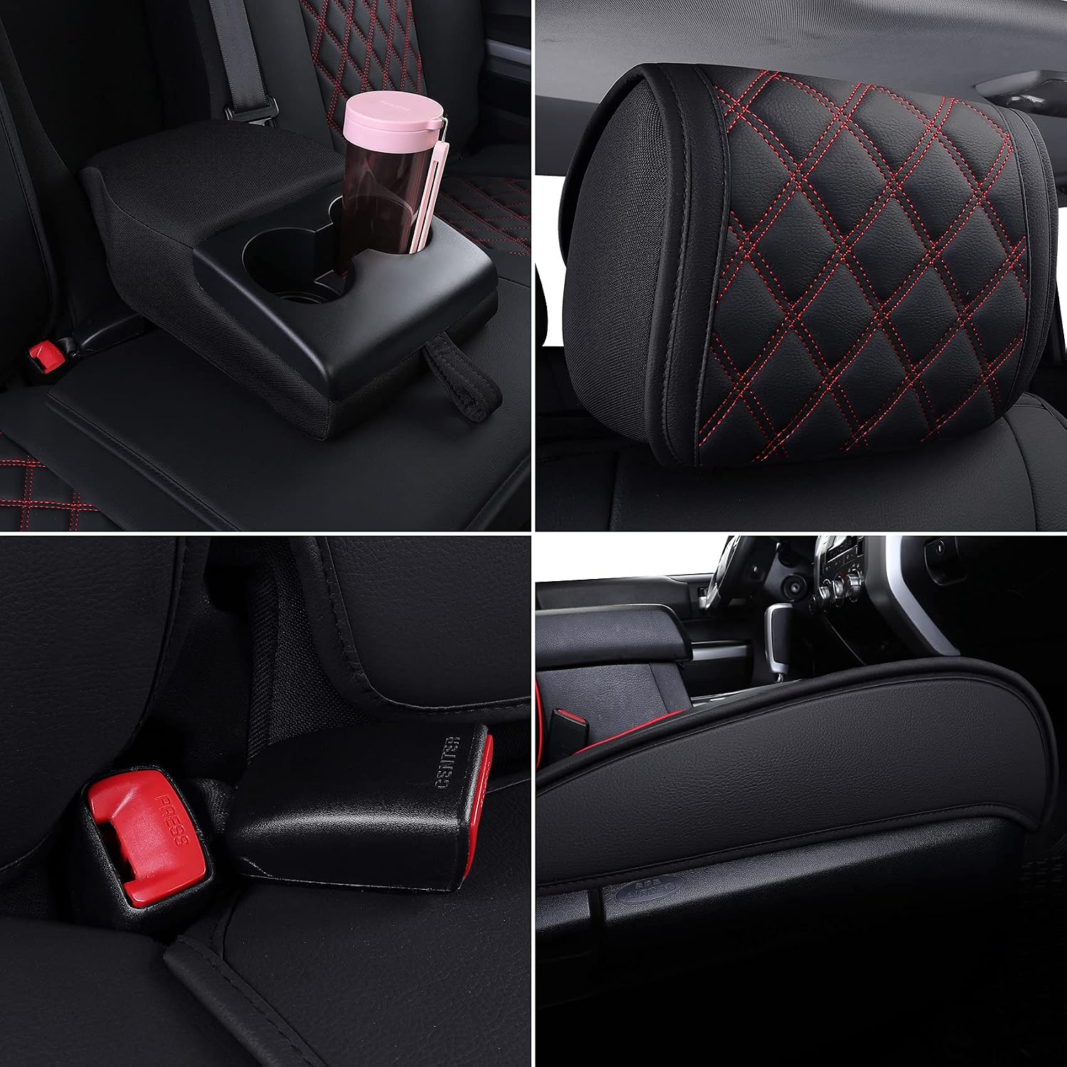 Thumbnail 4 de YIERTAI Truck Seat Covers for Toyota Tundra CrewMax/Extended Cab (2008-2026) – Full 5-Piece Waterproof Leather Set, Black-Red