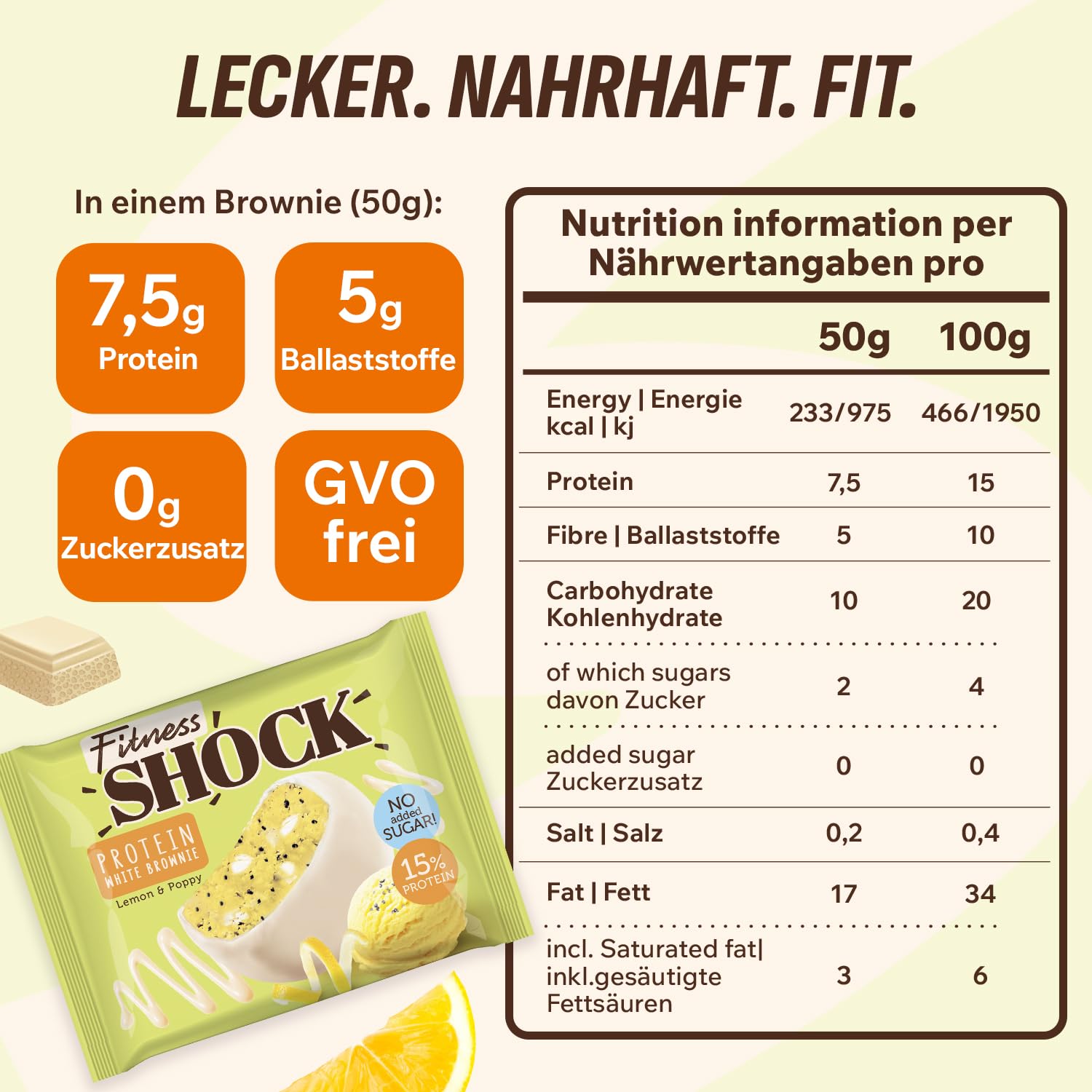 Detalle de FitnesSHOCK Protein Brownie Snack (Zitrone mit Mohnsamen) – low carb, ohne Zuckerzusatz, 15% Eiweiß
