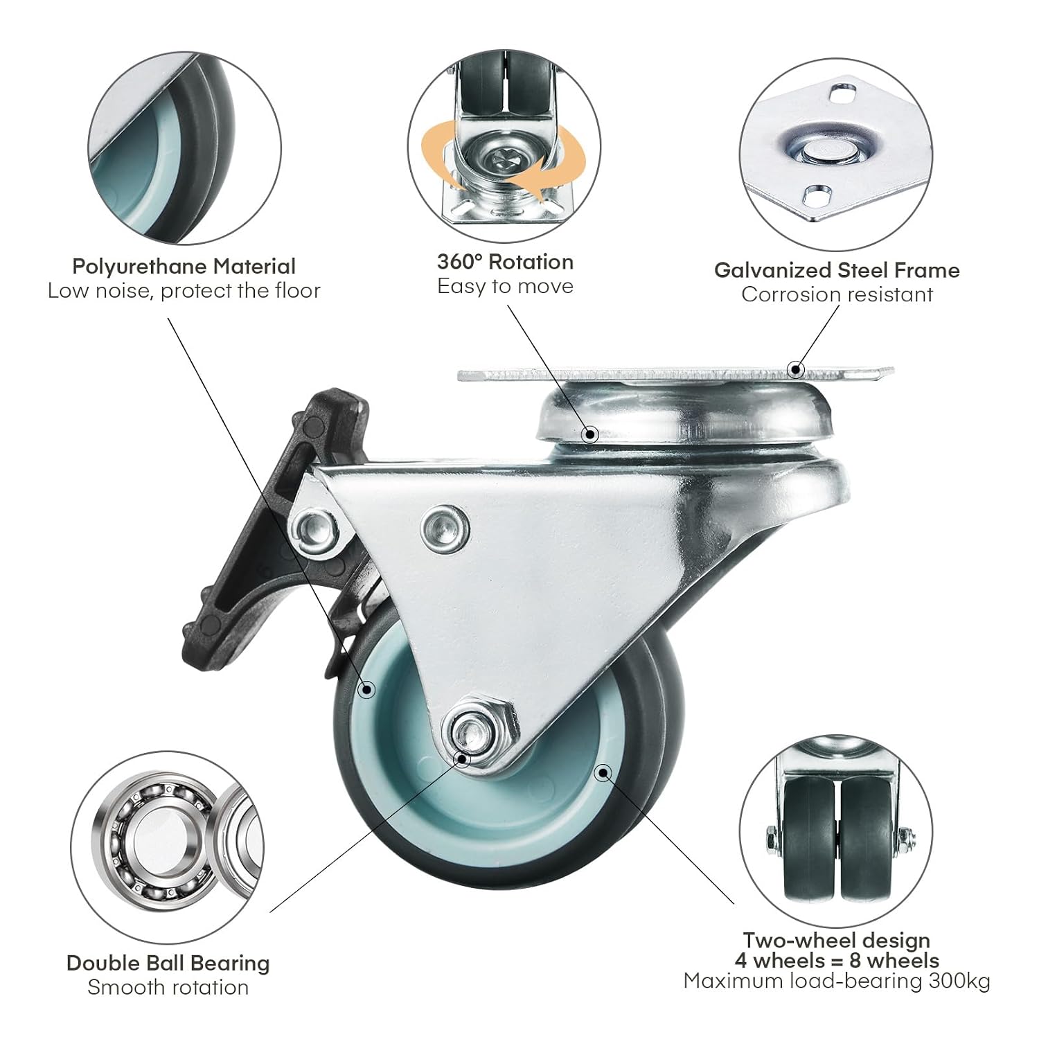 Detalle 1 de LIFERUN 8 x 50 mm Heavy-Duty Swivel Castors with Brakes
