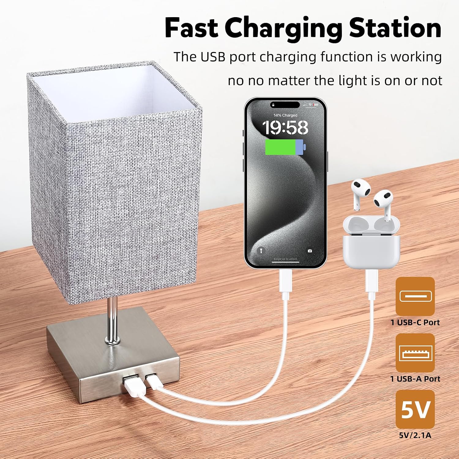 Detalle de Totofac Touch Bedside Lamp with USB Ports & 3-Way Dimming ⌛