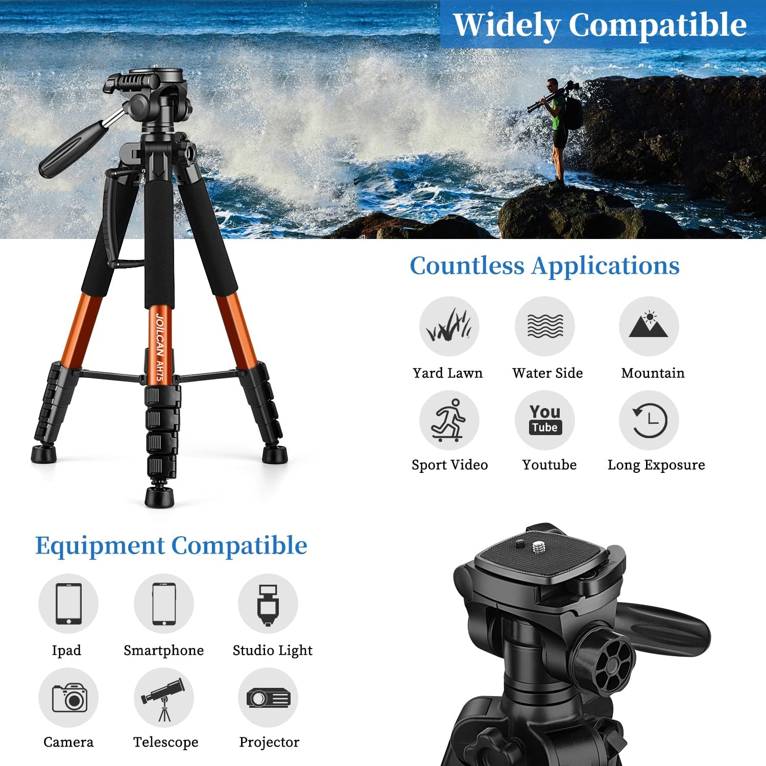 Thumbnail 2 de JOILCAN 74" Camera Tripod 188cm, 14lb load capacity