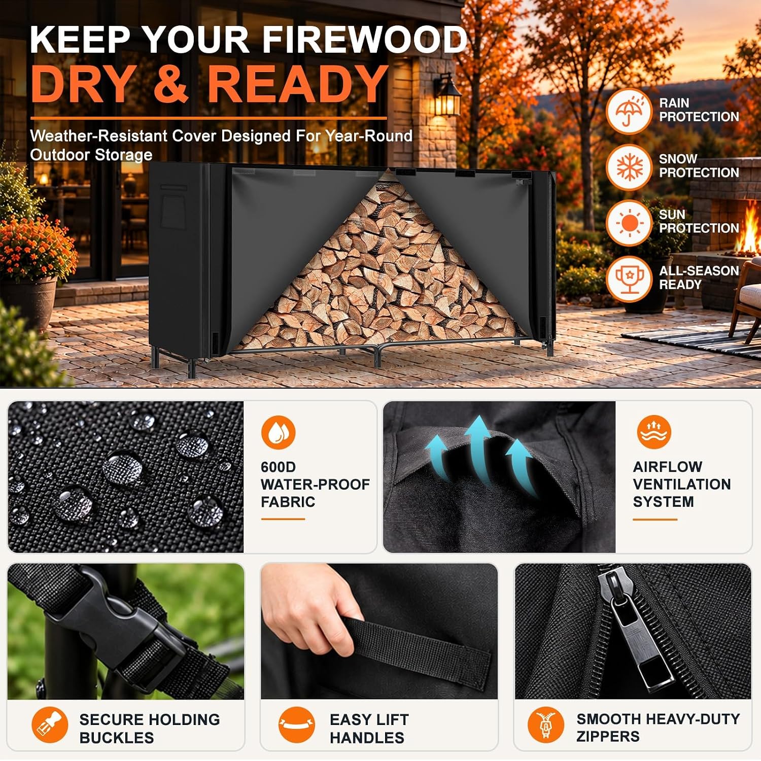 Detalle de Gtongoko GT-CHJ-8FT Outdoor Firewood Rack with Cover, 1/2 Face Cord