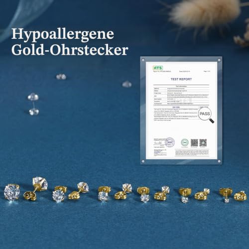 Detalle de Sweetkiki 6 Paar Zirkonia Ohrstecker Gold Set – 316L Chirurgenstahl, nickelfrei, hypoallergen