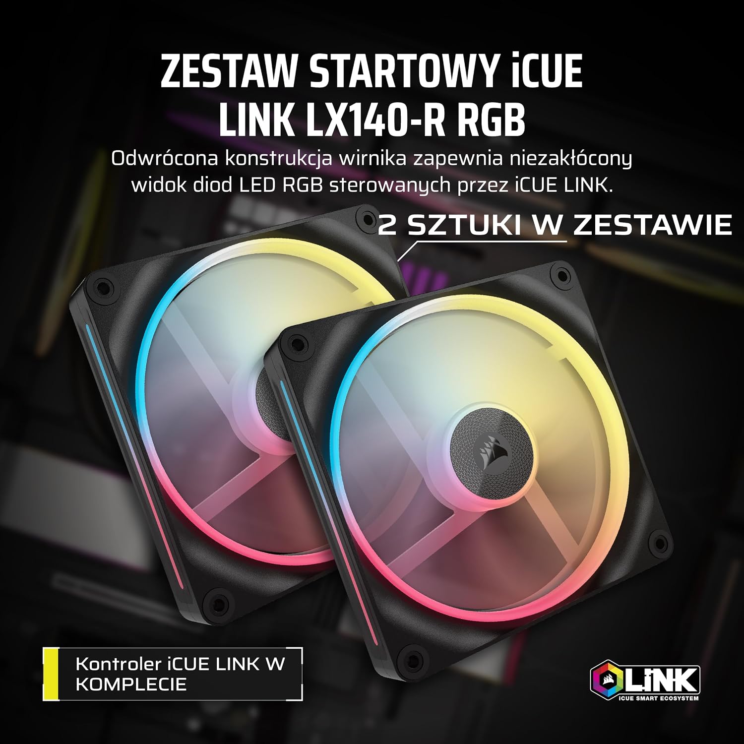 Thumbnail 1 de CORSAIR iCUE LINK LX140-R RGB – zestaw 2 wentylatorów 140 mm PWM