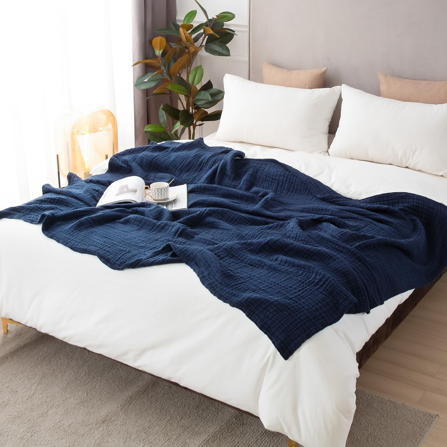 Thumbnail 5 de EMME Cotton Muslin Blanket King 108x90 Navy