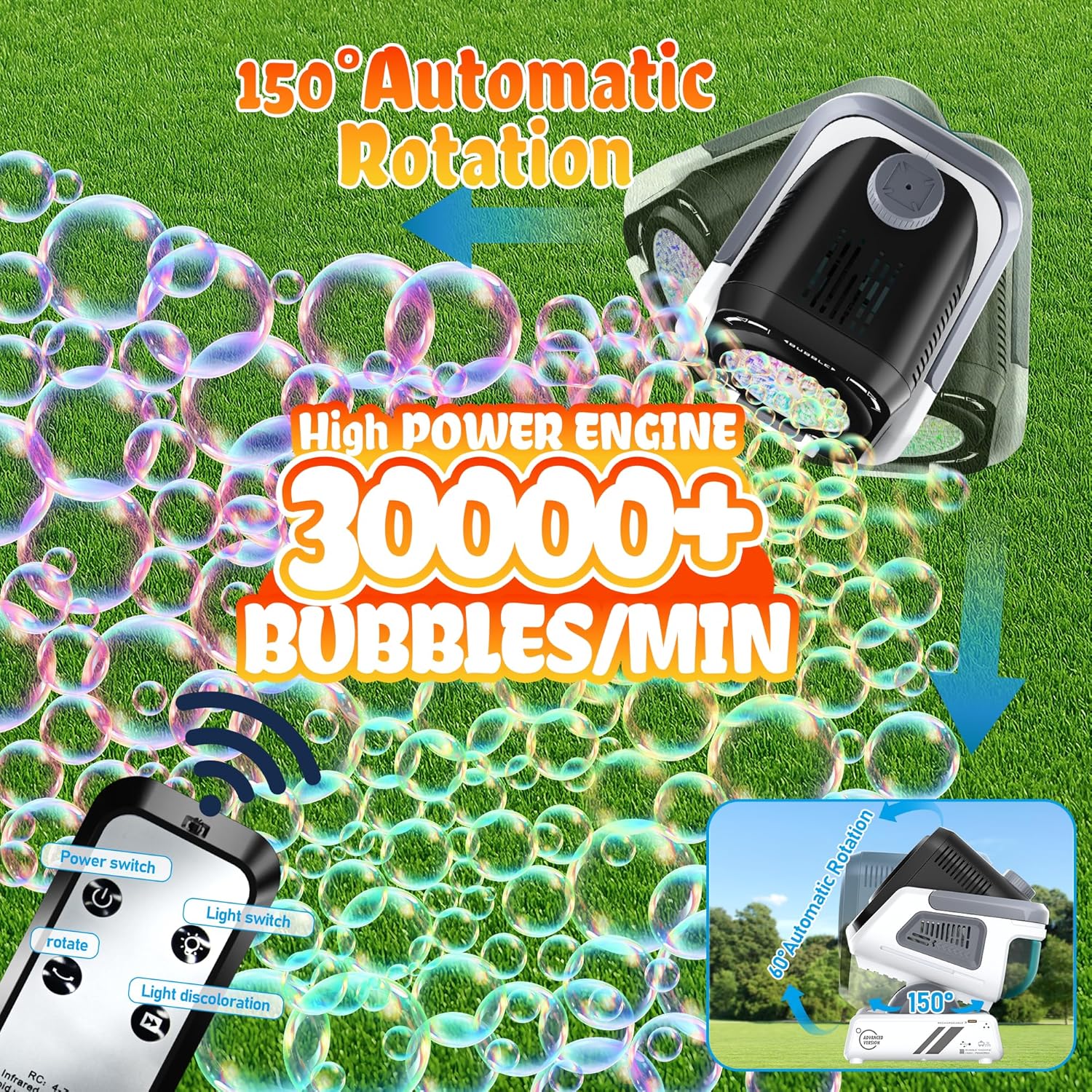Detalle de Bubble Machine with Remote Control and 7 Color RGB Lights (Rechargeable, 20,000+ Bubbles/Minute) — Outdoor Party Bubble Blower
