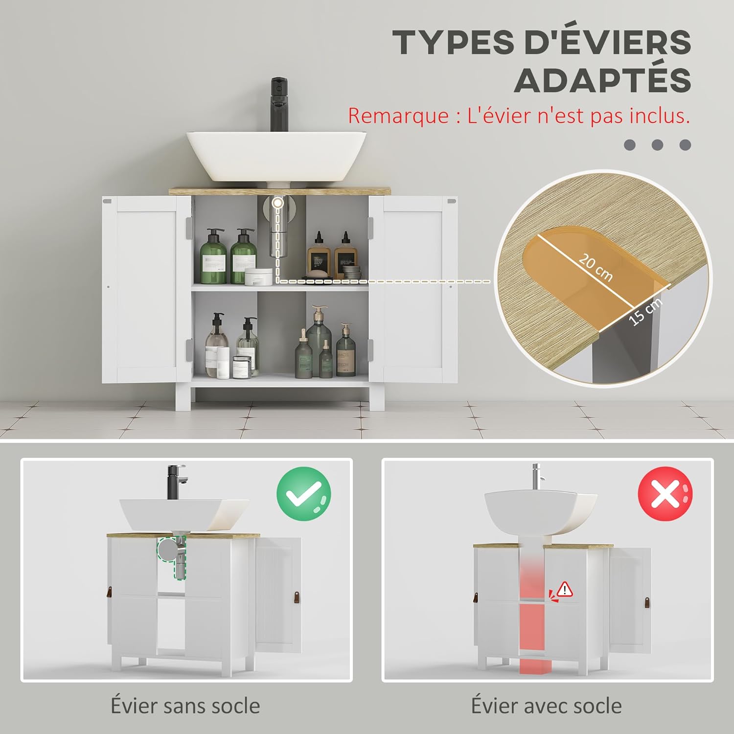 Thumbnail 3 de kleankin Meuble sous-Vasque 60 x 30 x 60 cm, Blanc, 2 Portes et Étagères Réglables