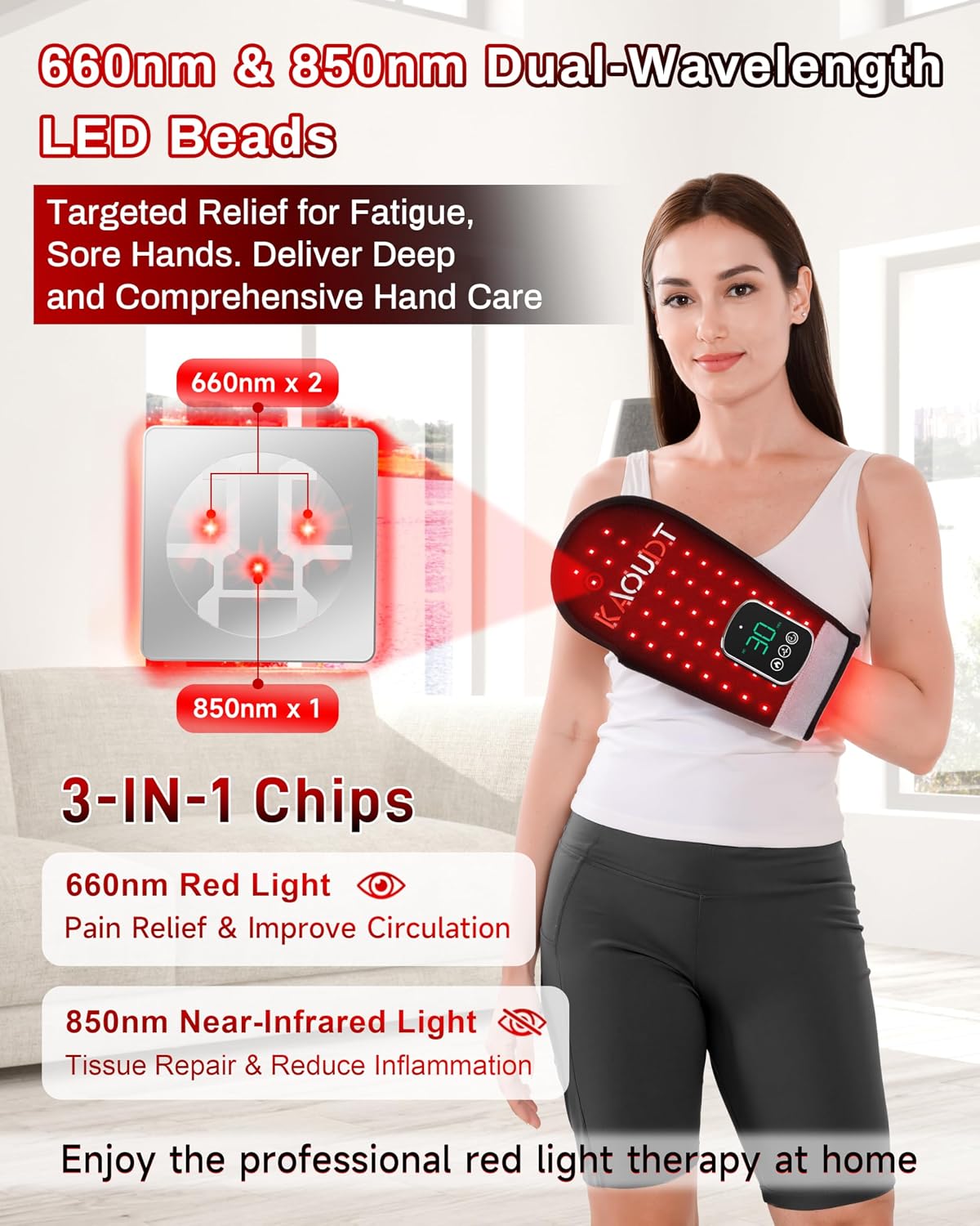 Thumbnail 3 de Kaoudt Cordless Red Light Therapy Glove for Hand – 112 LEDs, 660nm/850nm, 5000mAh (Black)