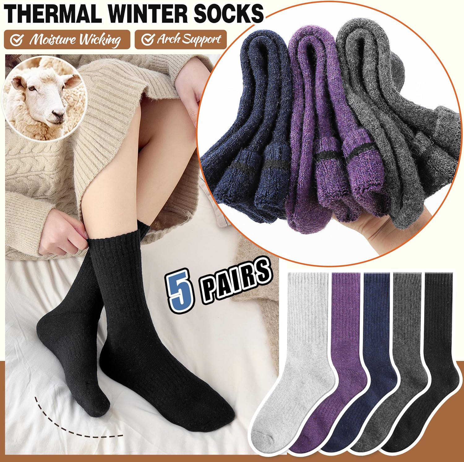 Detalle 1 de EBMORE Merino Wool Thermal Socks 5 Pairs
