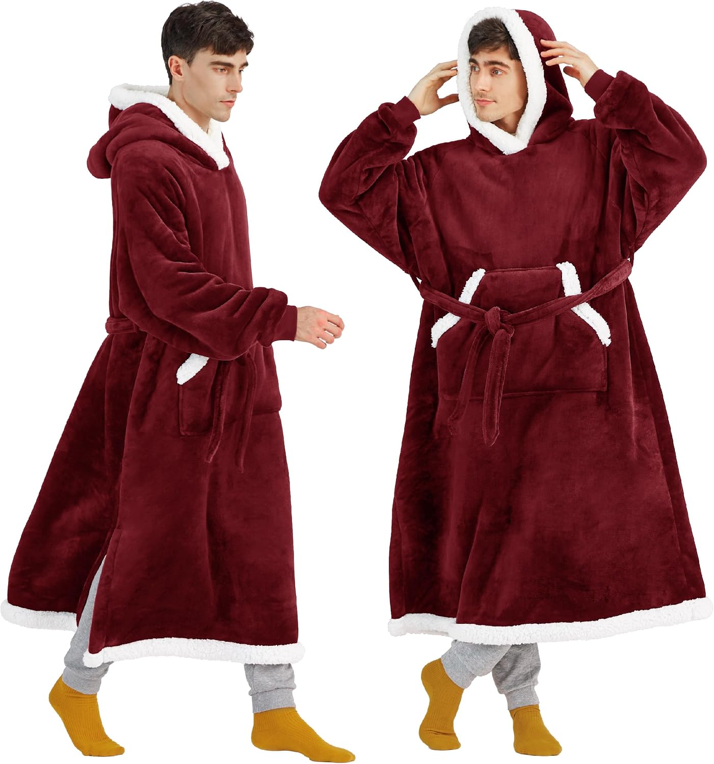 Detalle de Bedsure Long Sherpa Wearable Blanket Hoodie, Oversized Burgundy