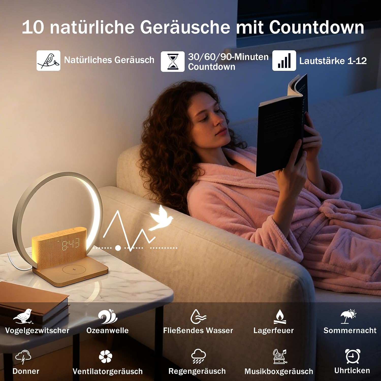 Detalle 2 de blonbar Tageslichtwecker & Nachttischlampe mit Ladefunktion (Qi), 3-Stufen Touch Dimmer