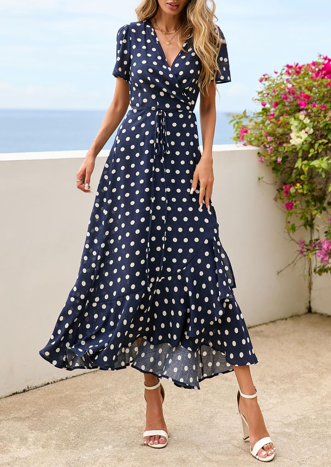 Detalle de PRETTYGARDEN Women's Boho Floral Maxi Dress: Lightweight, Flowy V-Neck Wrap for Summer