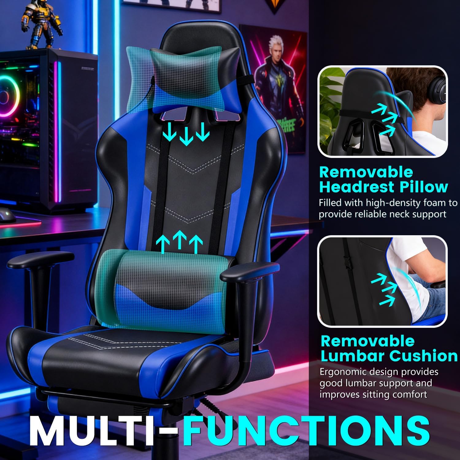 Detalle 1 de BestOffice Ergonomic Gaming Chair, 250 lb Capacity