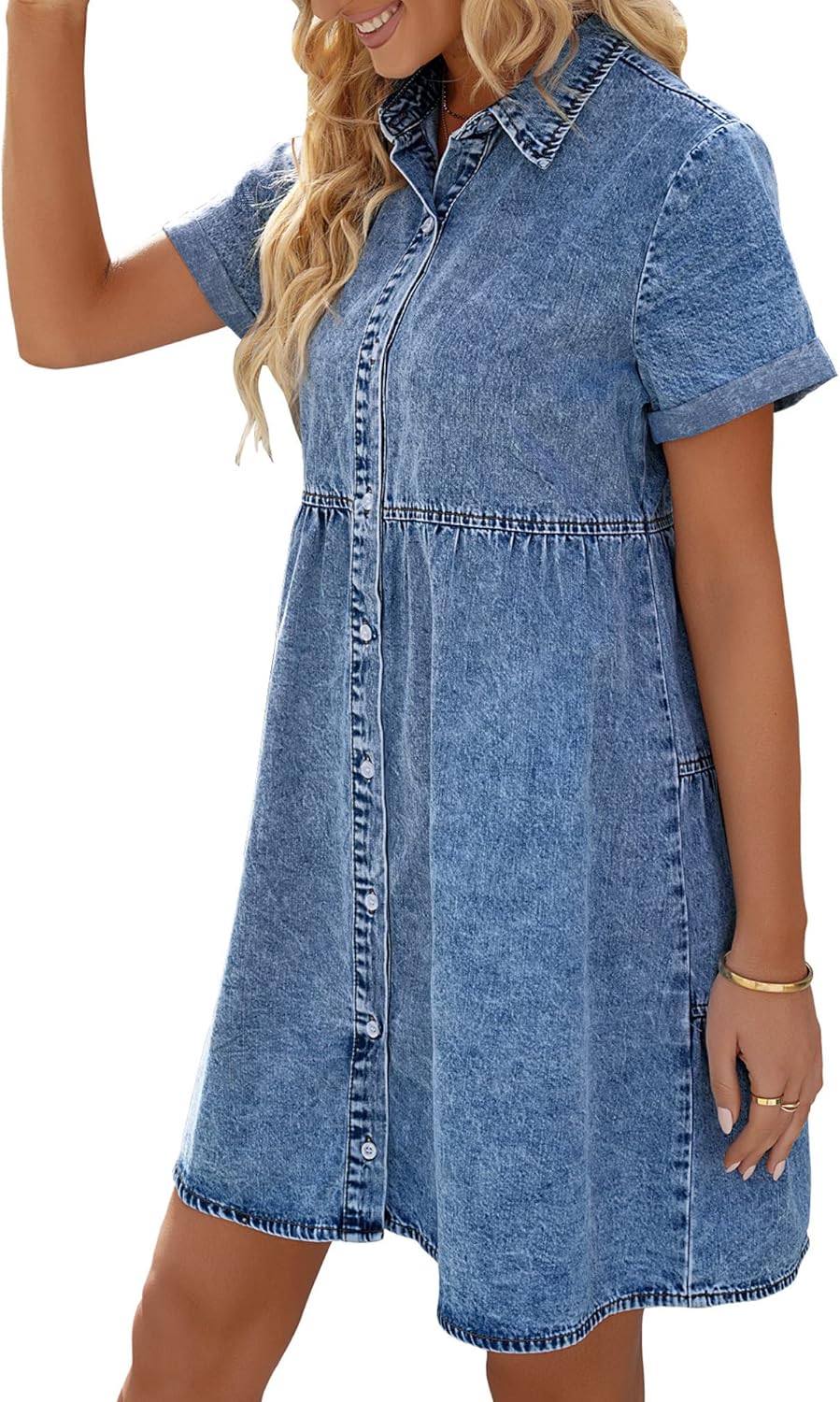 Thumbnail 3 de LookbookStore Women’s Short Sleeve Button Down Flowy Tiered Babydoll Denim Dress
