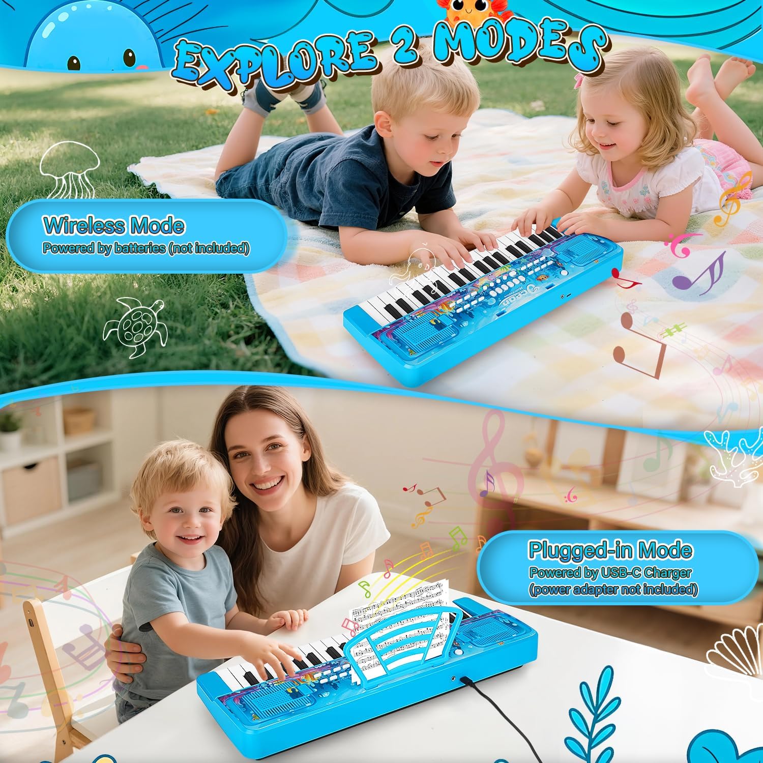 Thumbnail 2 de 37 Key Upgrade Kids Piano Keyboard with Microphone (Ocean Blue) – Portable Electronic Toy for Ages 3–5 and up