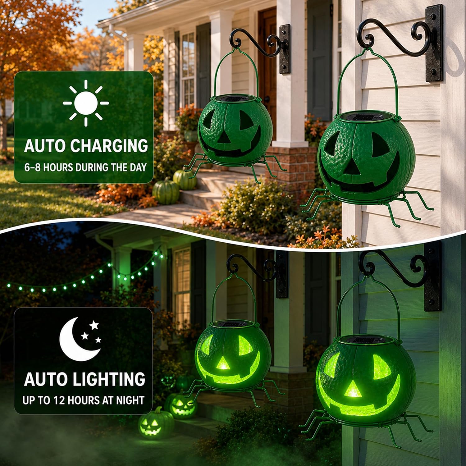 Detalle de Mantunt Solar Halloween Pumpkin Lantern with Green Flickering Flame and Spider Legs