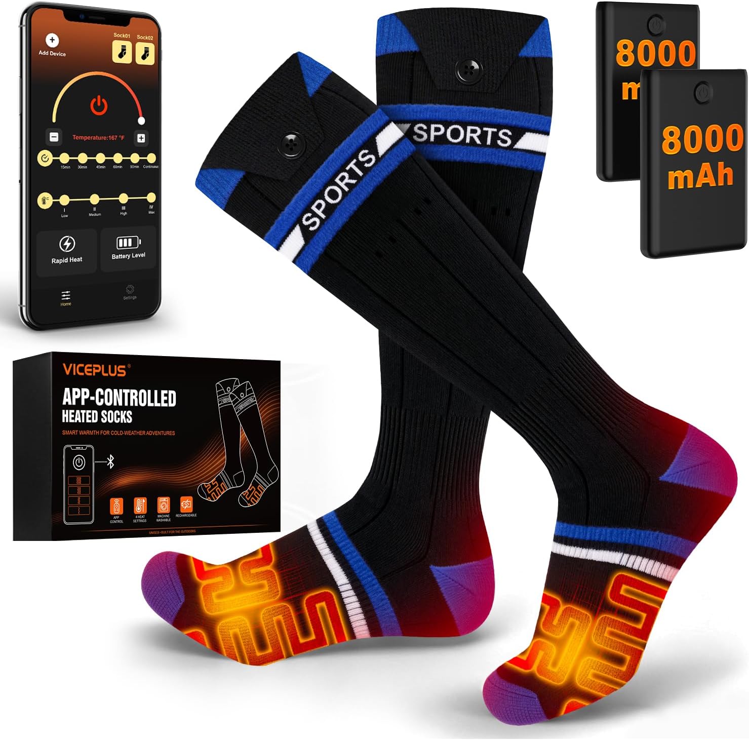 Detalle de VICEPLUS RTX-DRO8L-PB Heated Socks, App Control, Dual 8000mAh Batteries