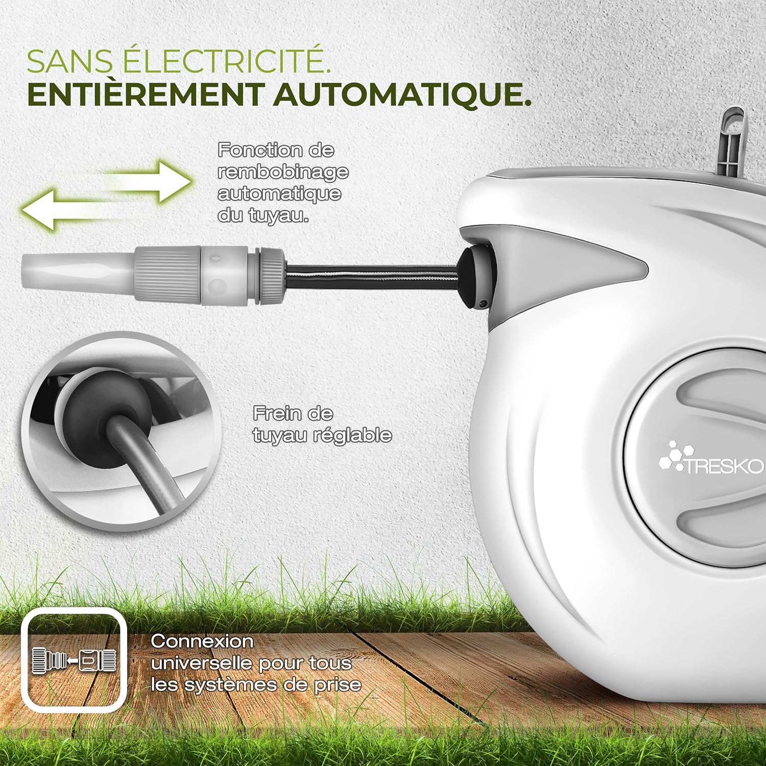 Thumbnail 6 de TRESKO enrouleur de tuyau d’arrosage mural 30 m en PVC – pivotant 180° avec enroulement automatique