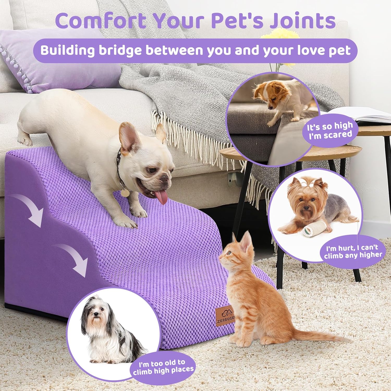 Detalle de Zerbuger Dog Ramp and Stair for Bed 16" High, 3-Step Cat Stair for Sofa and Chair