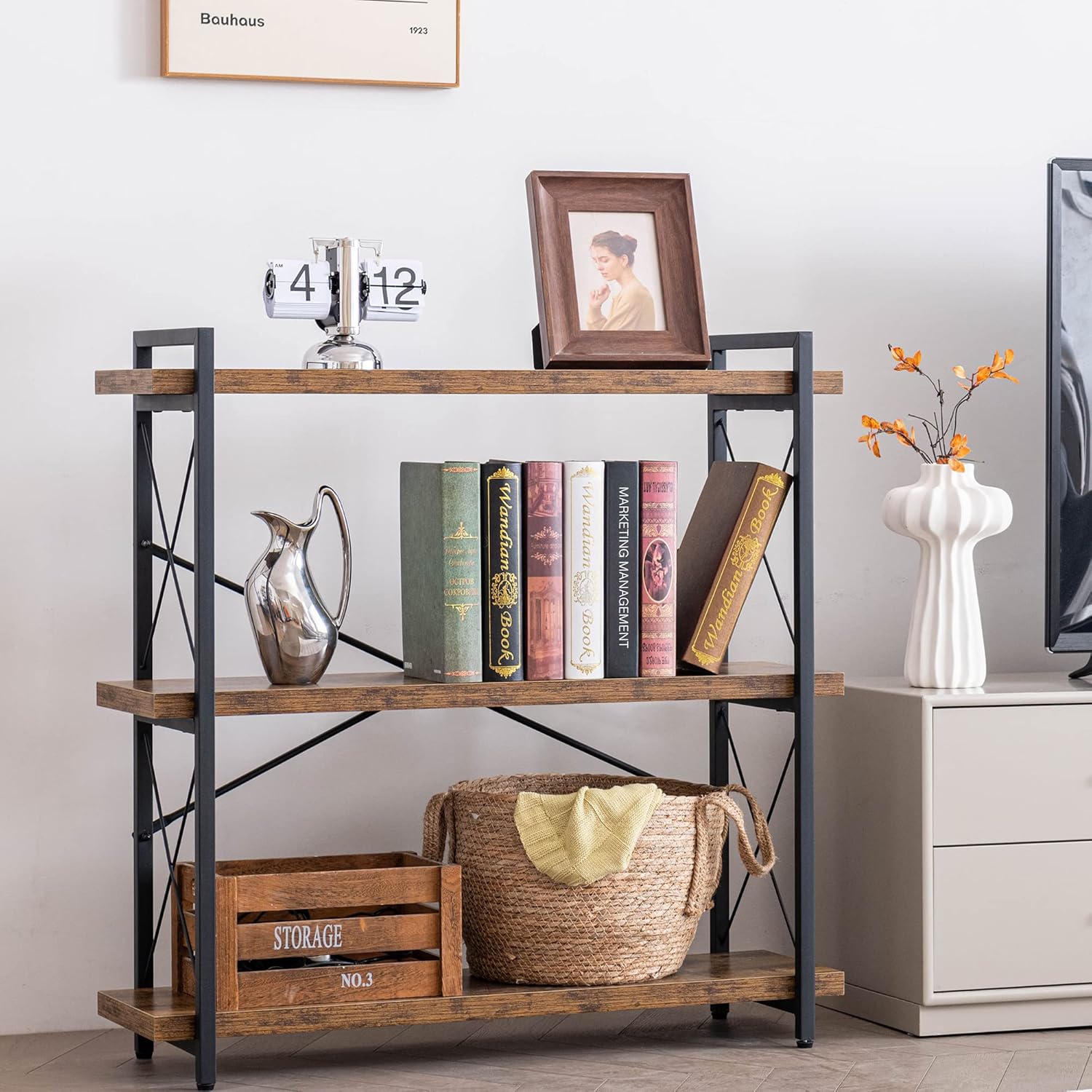 Thumbnail 1 de HCHQHS 3-Tier Industrial Bookshelf (Rustic Wood & Black Metal, Open Book Shelf)