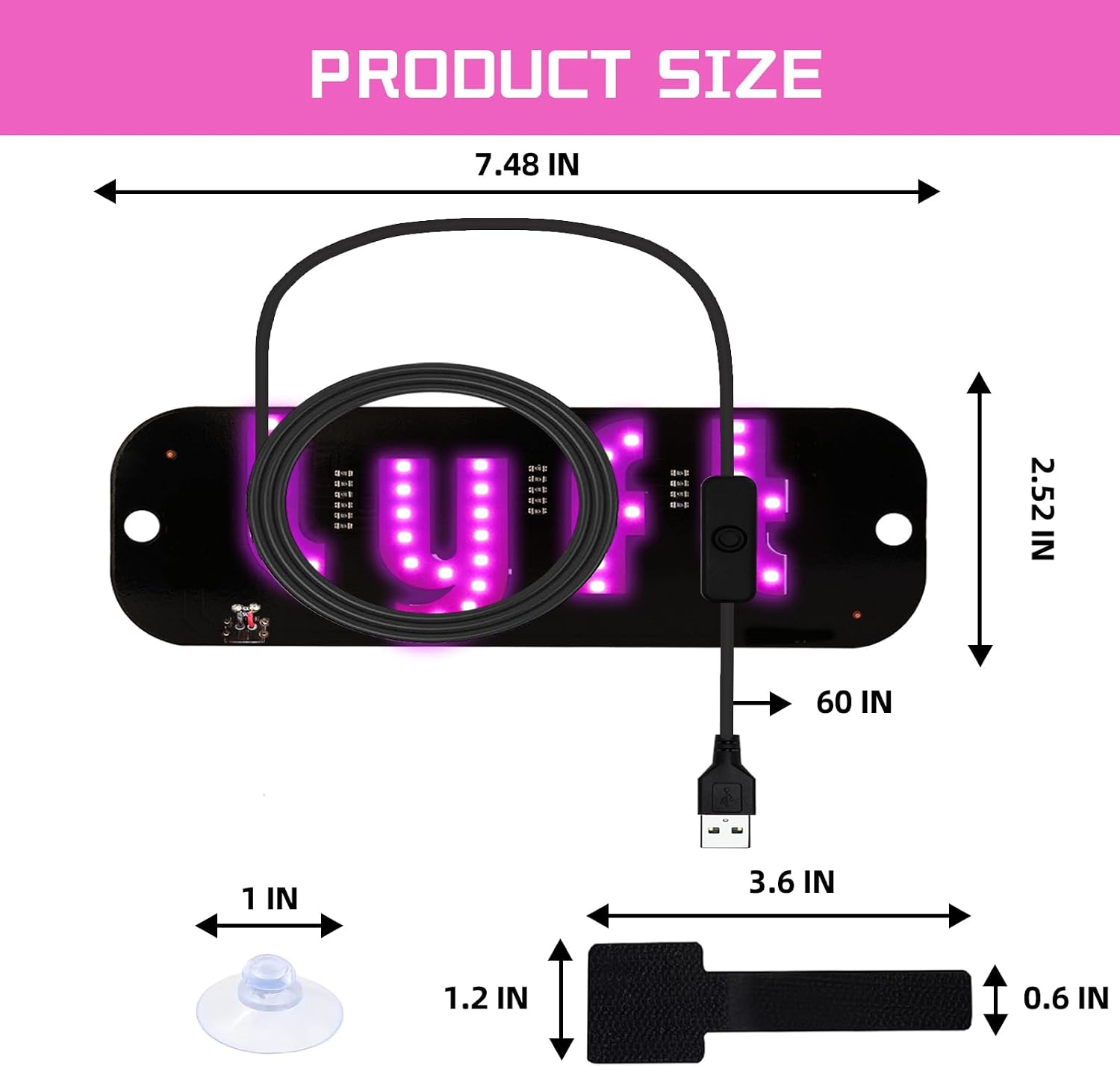 Thumbnail 5 de LED Light for Car Windshield Sign (Pink) with Suction Cups, Hook-and-Loop Cable Ties and USB Plug