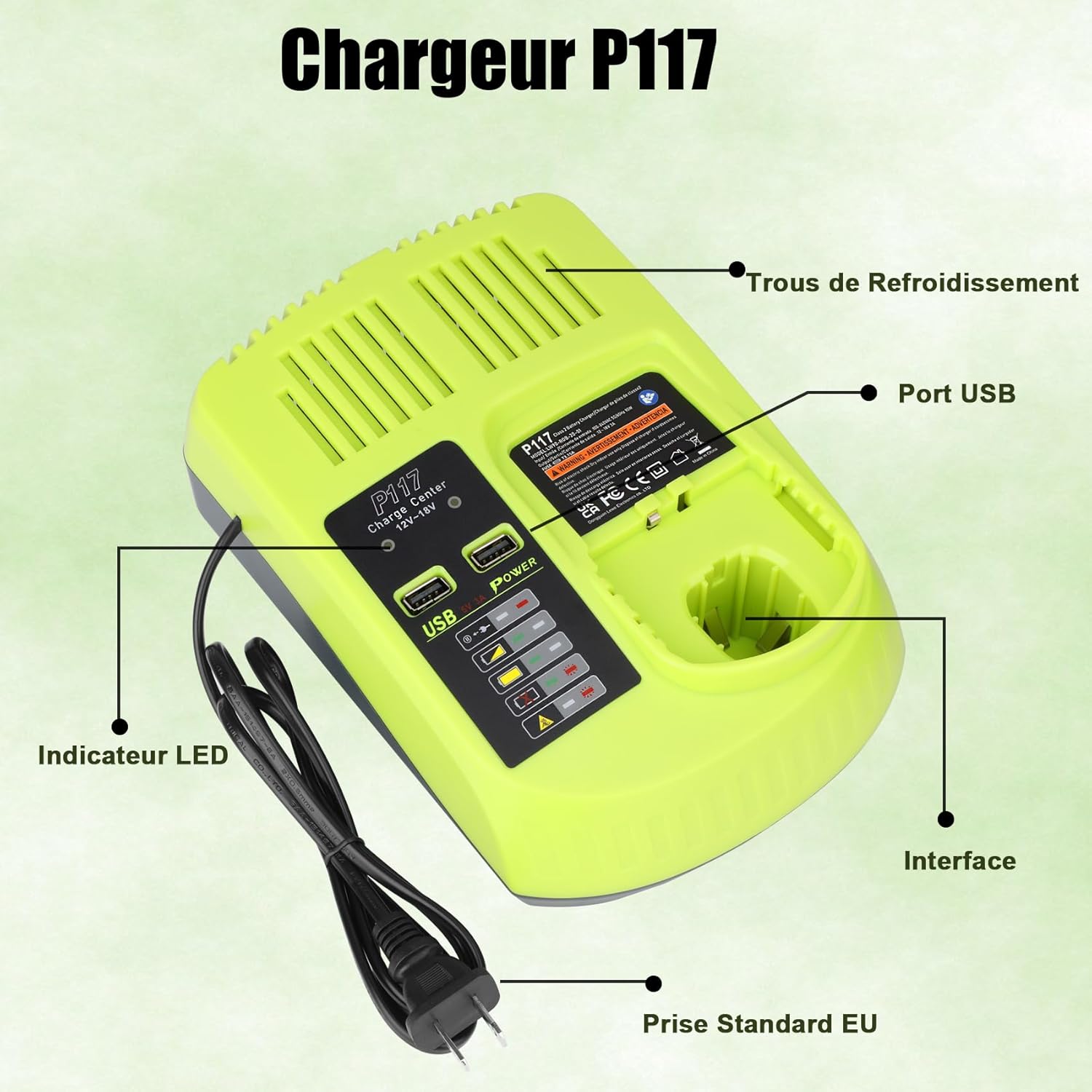Detalle de REACELL 2X 18V 5,5Ah P108 + Chargeur P117 pour Ryobi One+ 18V