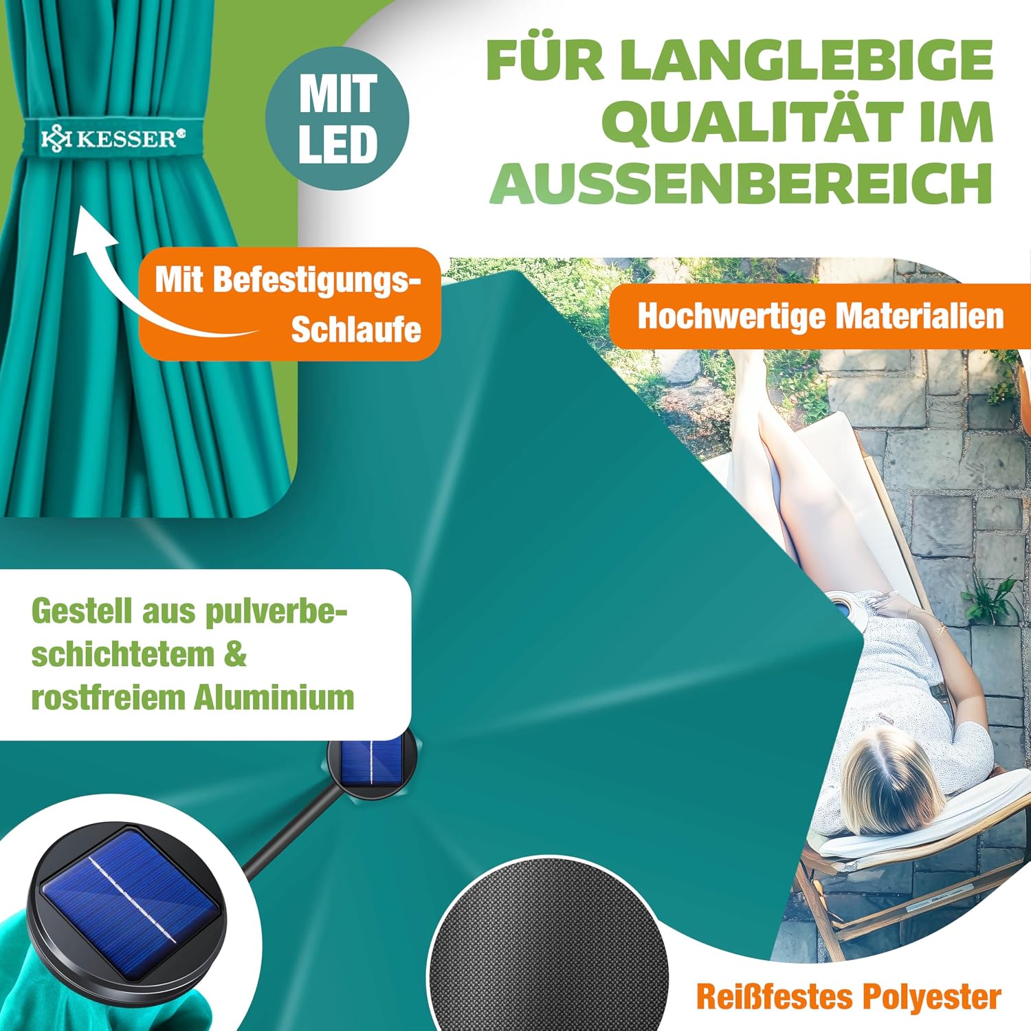 Detalle de KESSER Alu Ampelschirm LED Solar inkl. Abdeckung, Fernbedienung & Kurbelschirm – 360°-Funktion, wasserabweisend