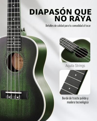 Detalle de Donner Ukelele Concierto 23'' DUC-200G Caoba Verde: kit completo para iniciación y uso avanzado