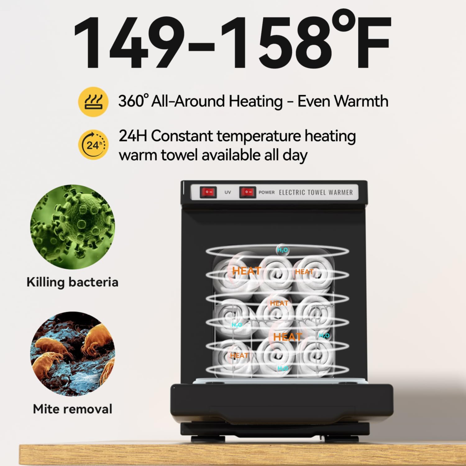Detalle 2 de VERYTOP 5L Towel Warmer, Black Compact Cabinet with Aluminum Interior and UV Light