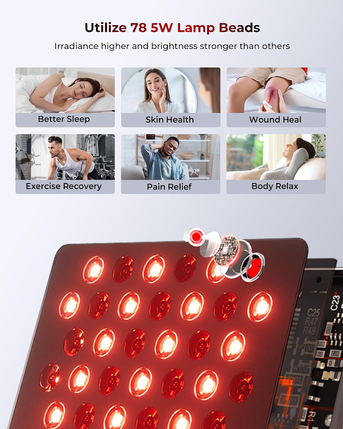 Detalle 2 de FliKEZE Infrarotlampe mit 7 Wellenlängen, 78 LEDs (Tri- & Quad-Chip) und verstellbarem Ständer – Rotlichttherapie Panel