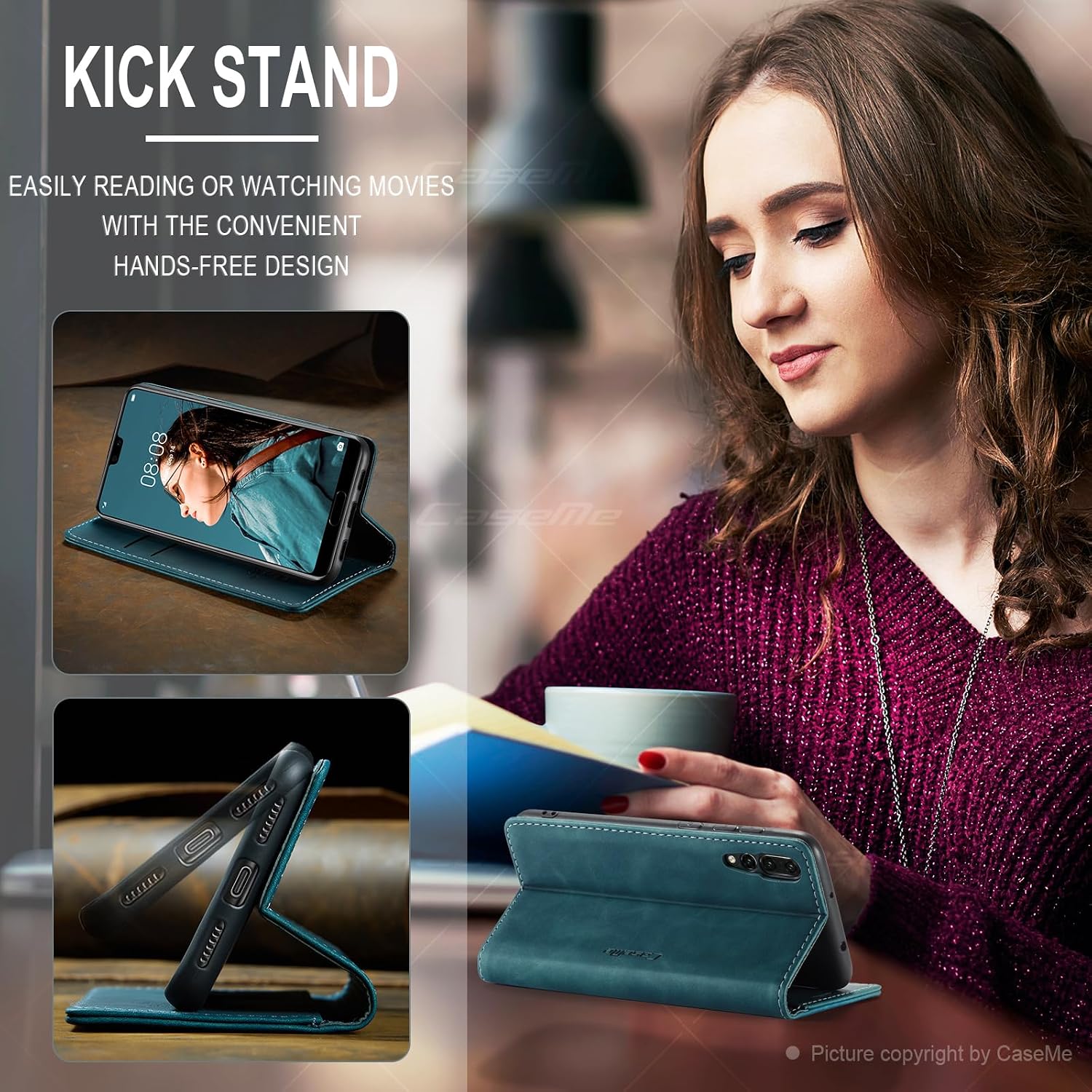 Thumbnail 4 de Cracedily Wallet Case for Huawei P20 Pro: Blue-Green Leather Flip with Card Holder