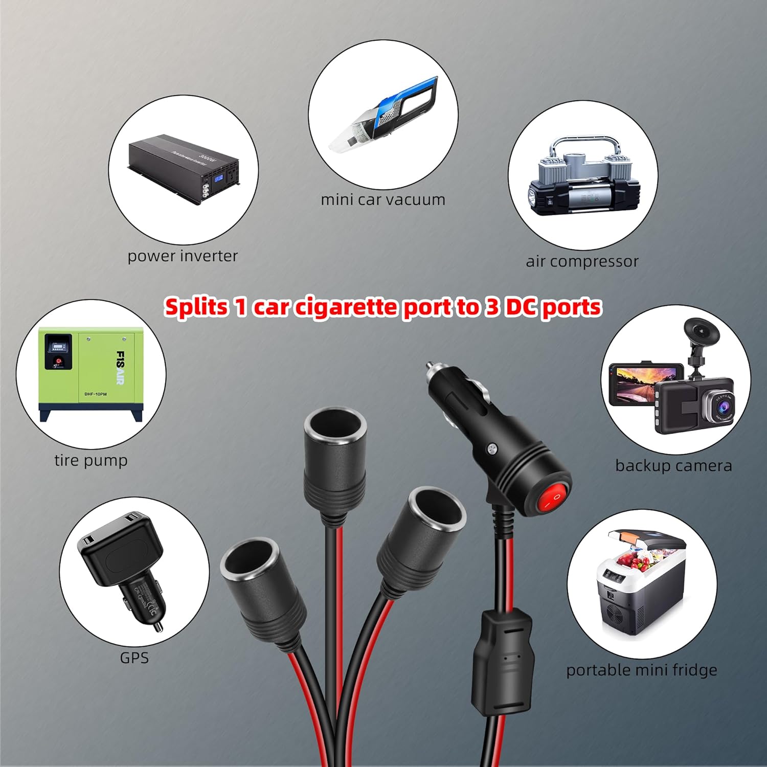 Detalle de RIIEYOCA 12v/24v Car Lighter Splitter with On/Off Switch — 1 Male to 3 Female Sockets (30cm)