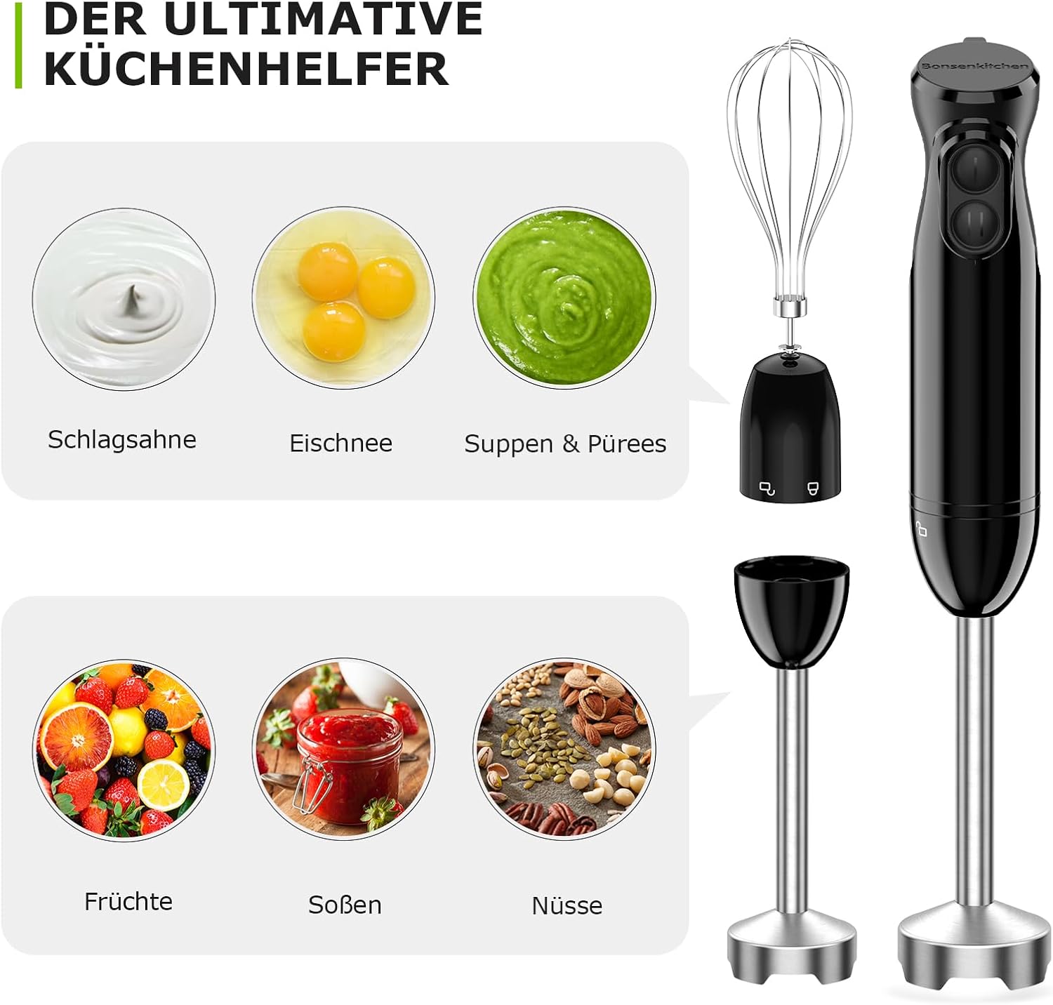 Detalle 1 de Bonsenkitchen Stabmixer 1000 W 3 in 1