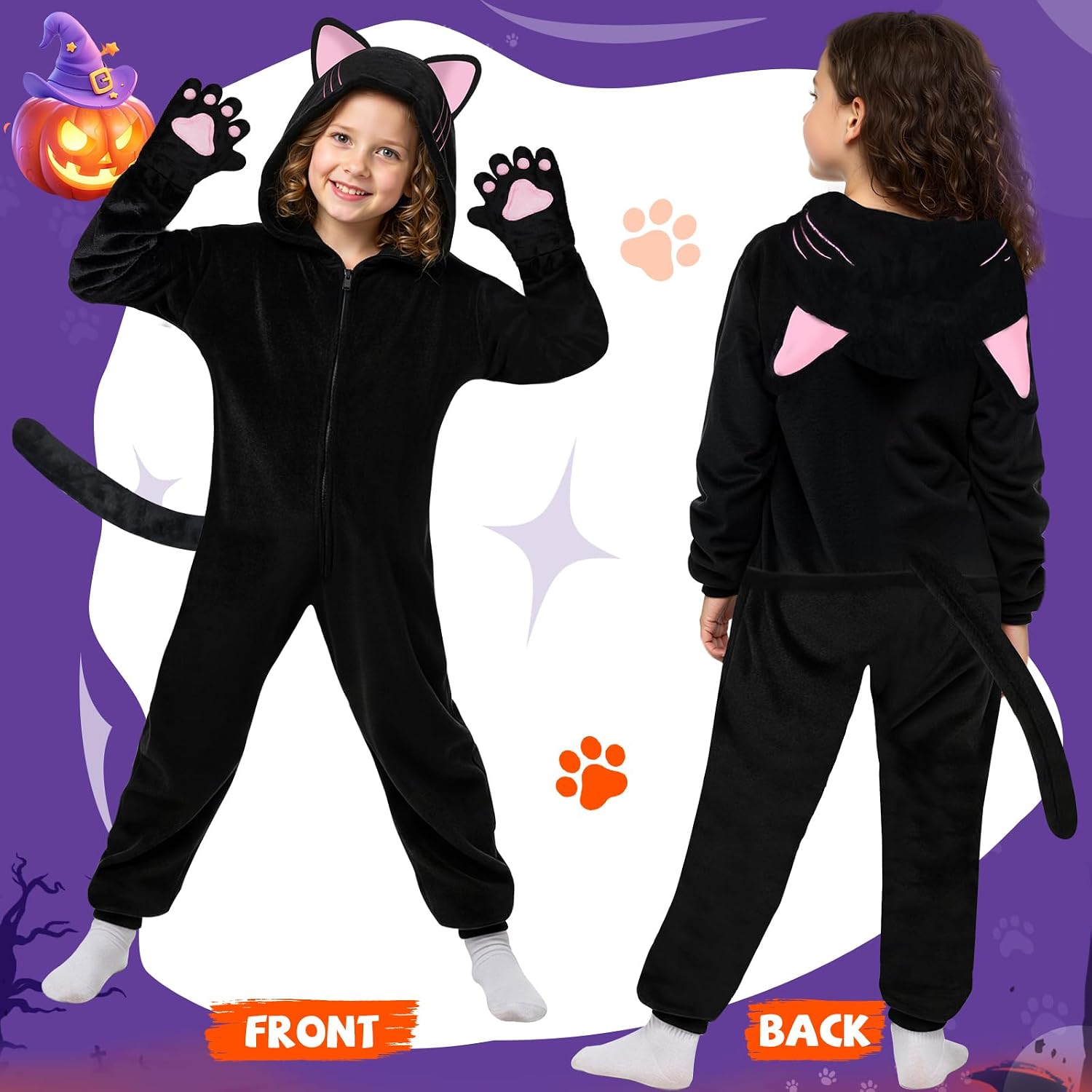 Detalle de GKTZ COS Black Cat Costume Onesie, Size S, Flannel with Cat Ears and Tail