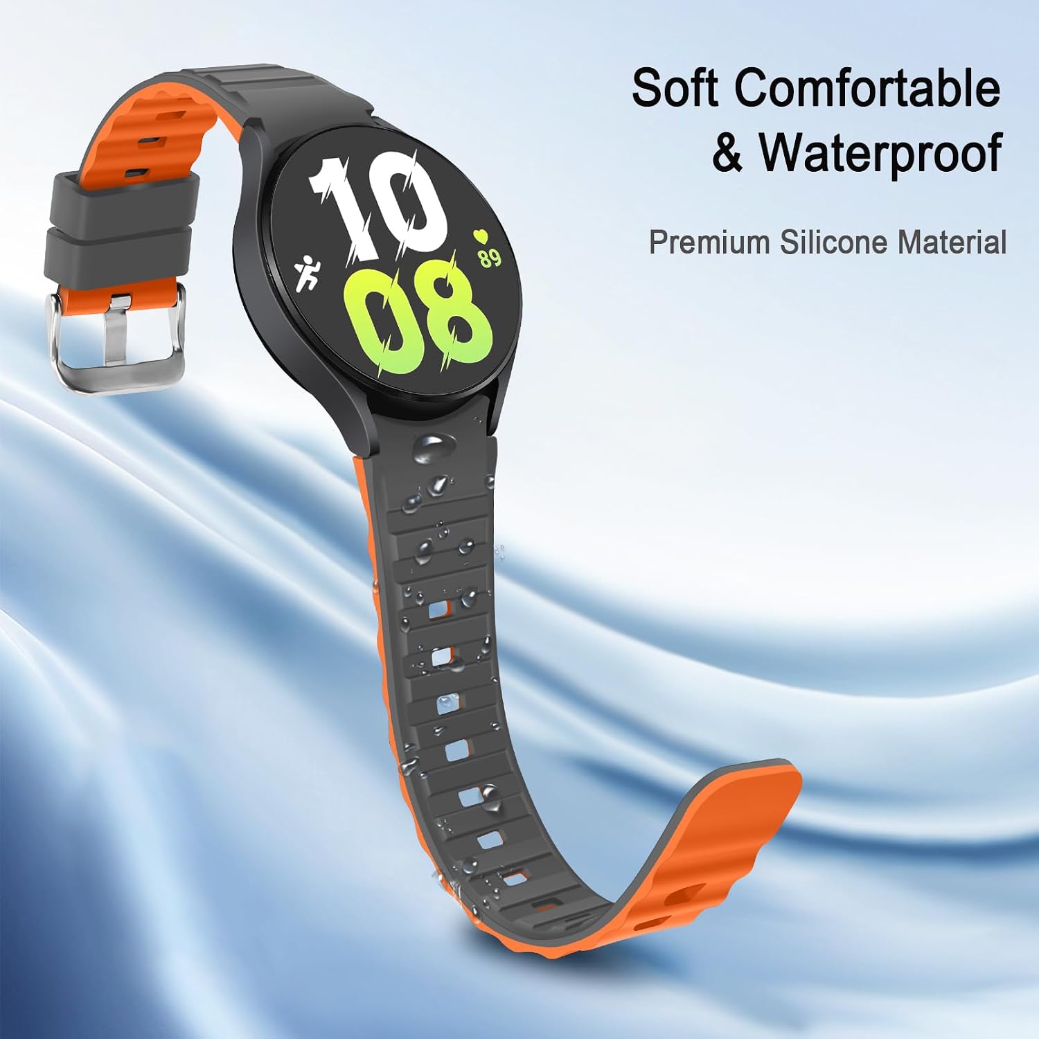 Detalle 2 de Tasikar No Gap Bands for Samsung Galaxy Watch (40mm/44mm, 43mm/47mm, 45mm) – Soft Silicone Sport Strap in Grey-Orange