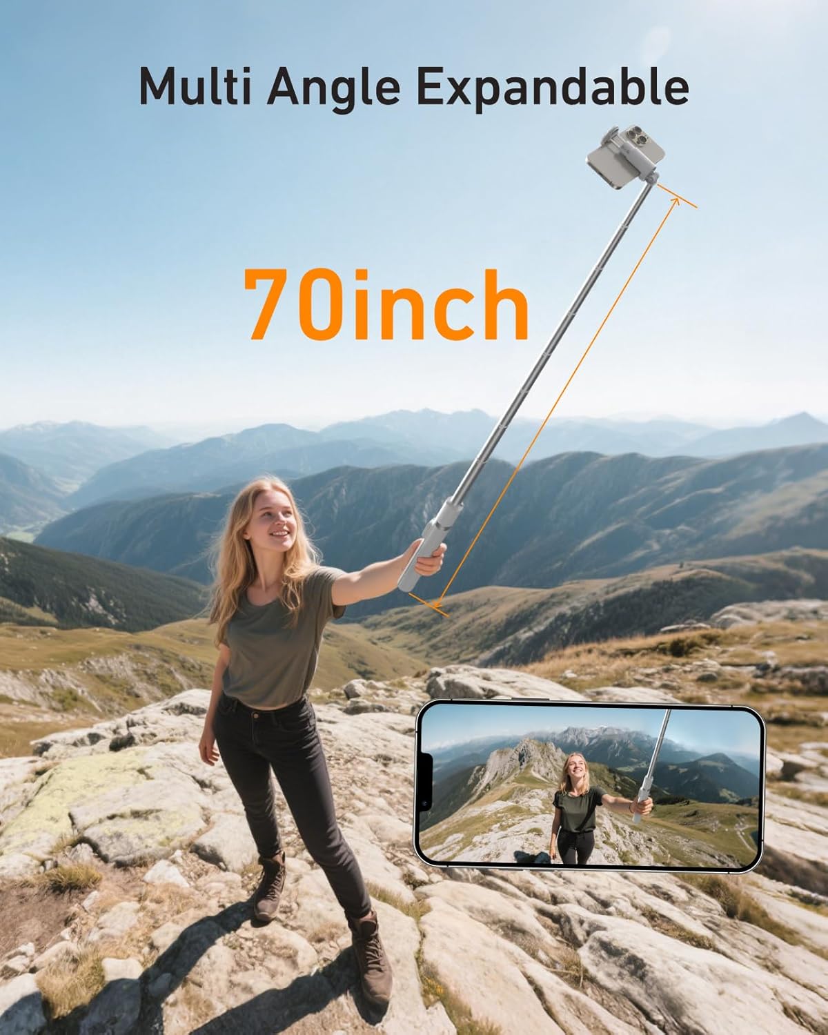 Detalle 2 de TELESIN 180CM Automatisches Selfie Stick Stativ mit Magnet-Fernbedienung – 360° Drehkopf, Gravity Auto-Launch und Kaltlichtschuh